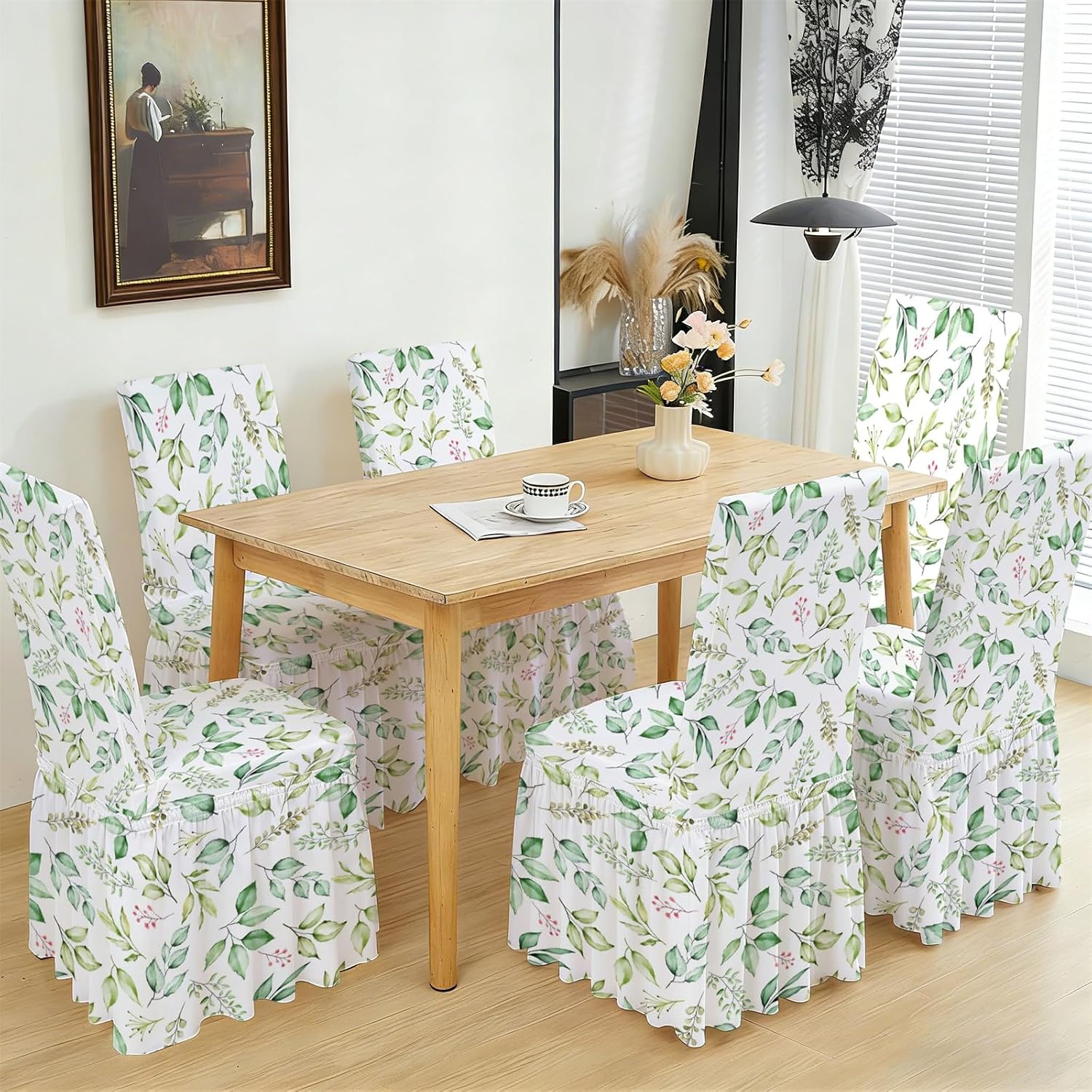 Rakila 4 Pack Printed Stretch Dining Chair Covers with Skirt, Spandex Removable Chair Slipcovers for Dining Kitchen Decoration, Green Floral, Set of 4