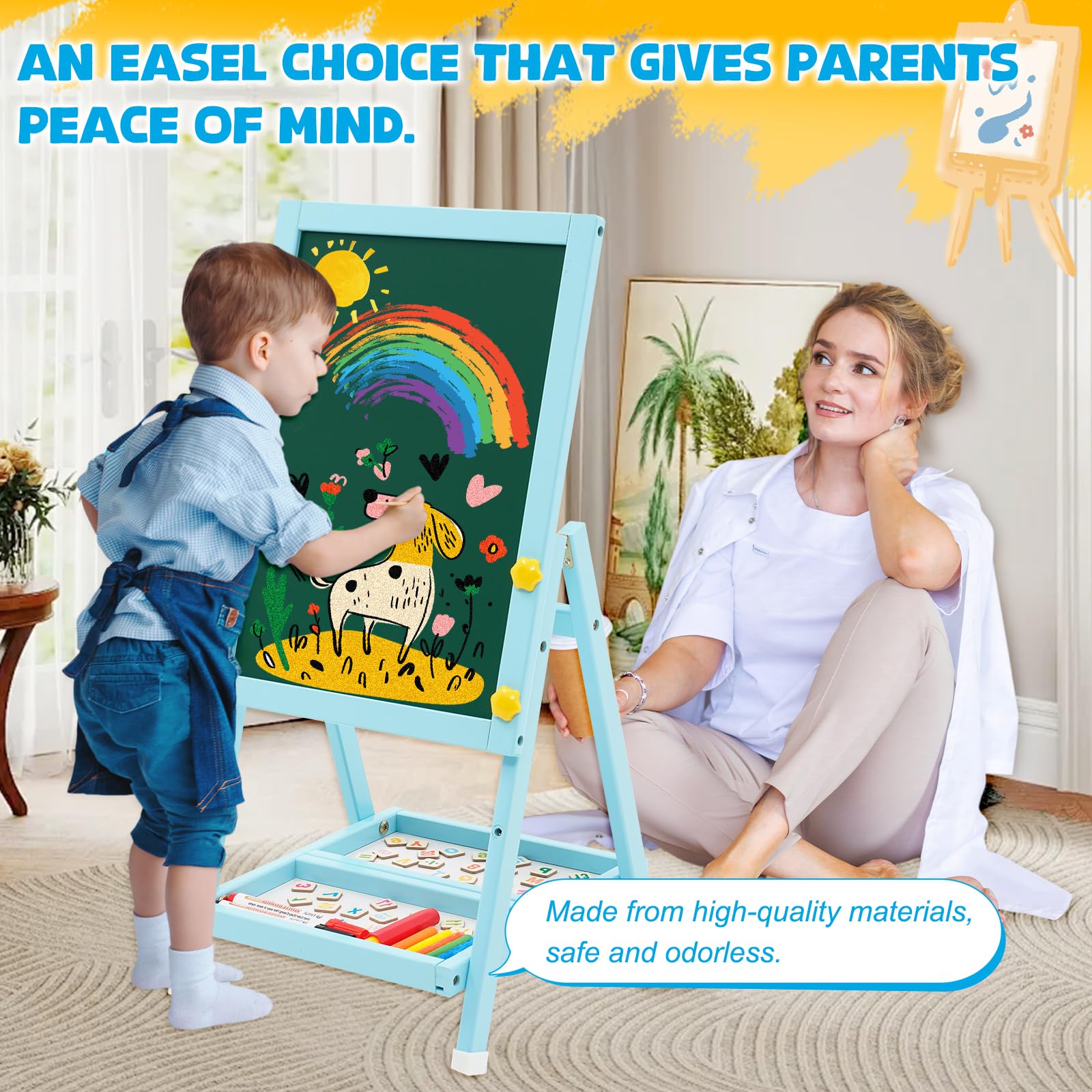 Lavagna in legno per bambini, Art Kids Easel cavalletto per l'arte Mini Blue Lavagna bifacciale e lavagna per bambini con numeri e altri accessori per bambini e bambini.