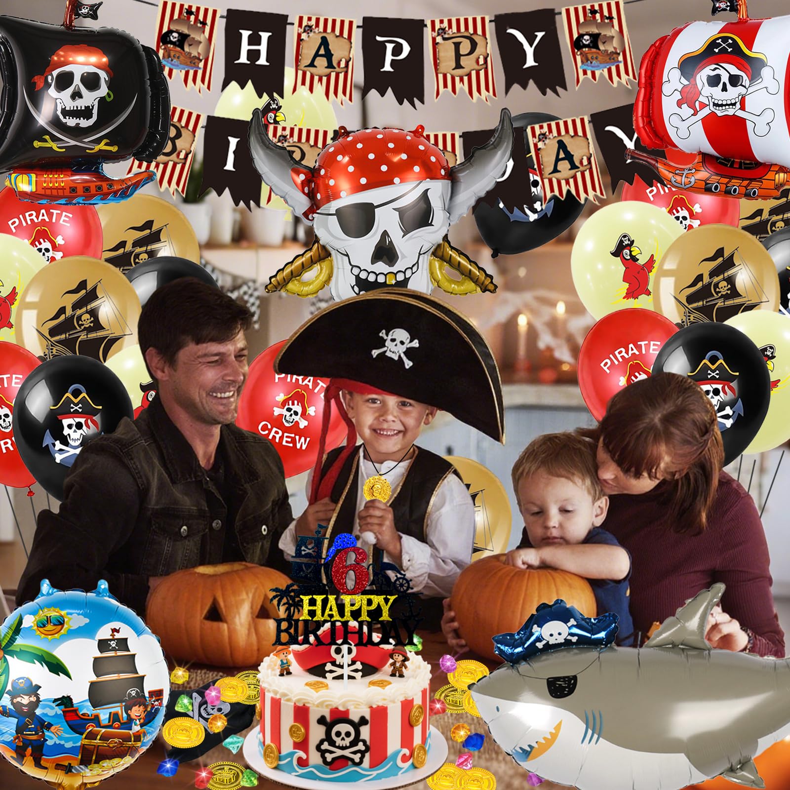 Piratenverjaardagsdecoratie voor Kinderen van 6 Jaar, Piratenballonnen van Aluminiumfolie, Piratengeld en Edelstenen Cadeautjes, Feestdecoratieset Kinderen voor Taarten en Spandoeken