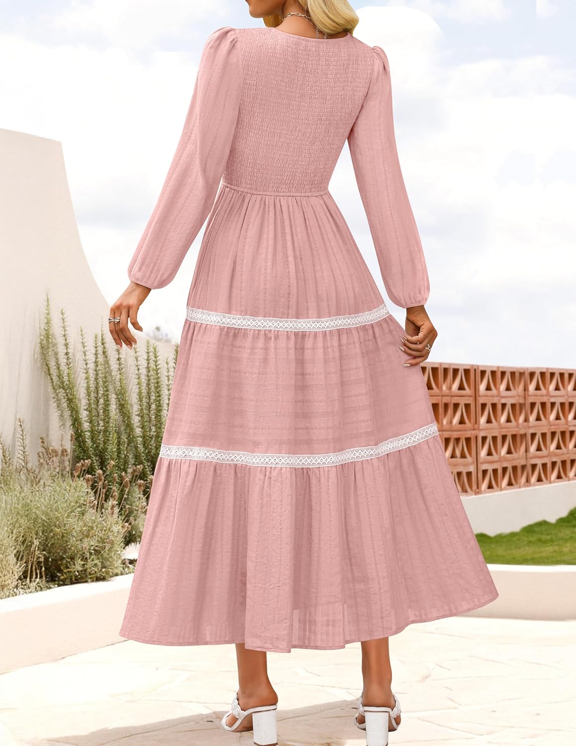 ZESICA Women's Spring Long Sleeve Maxi Dresses 2026 Casual Crewneck Smocked A Line Tiered Flowy Wedding Guest Long Dress - Image 3