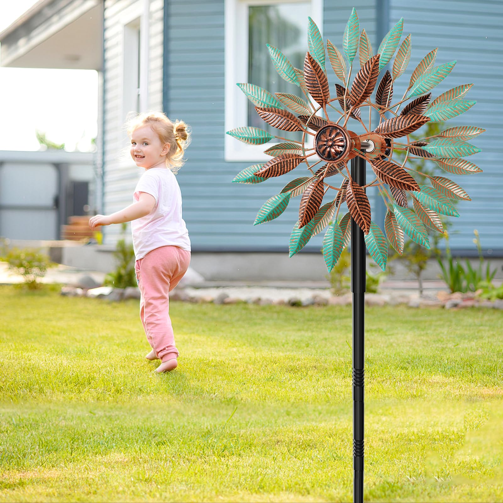 Wind Spinner Sculpture Cinétique Métallique, Déco Jardin Extérieur à Rotation, Hauteur Ajustable avec Socle à 5 Branches, Résistant à la Rouille, Grand Format (Vert + Brun)