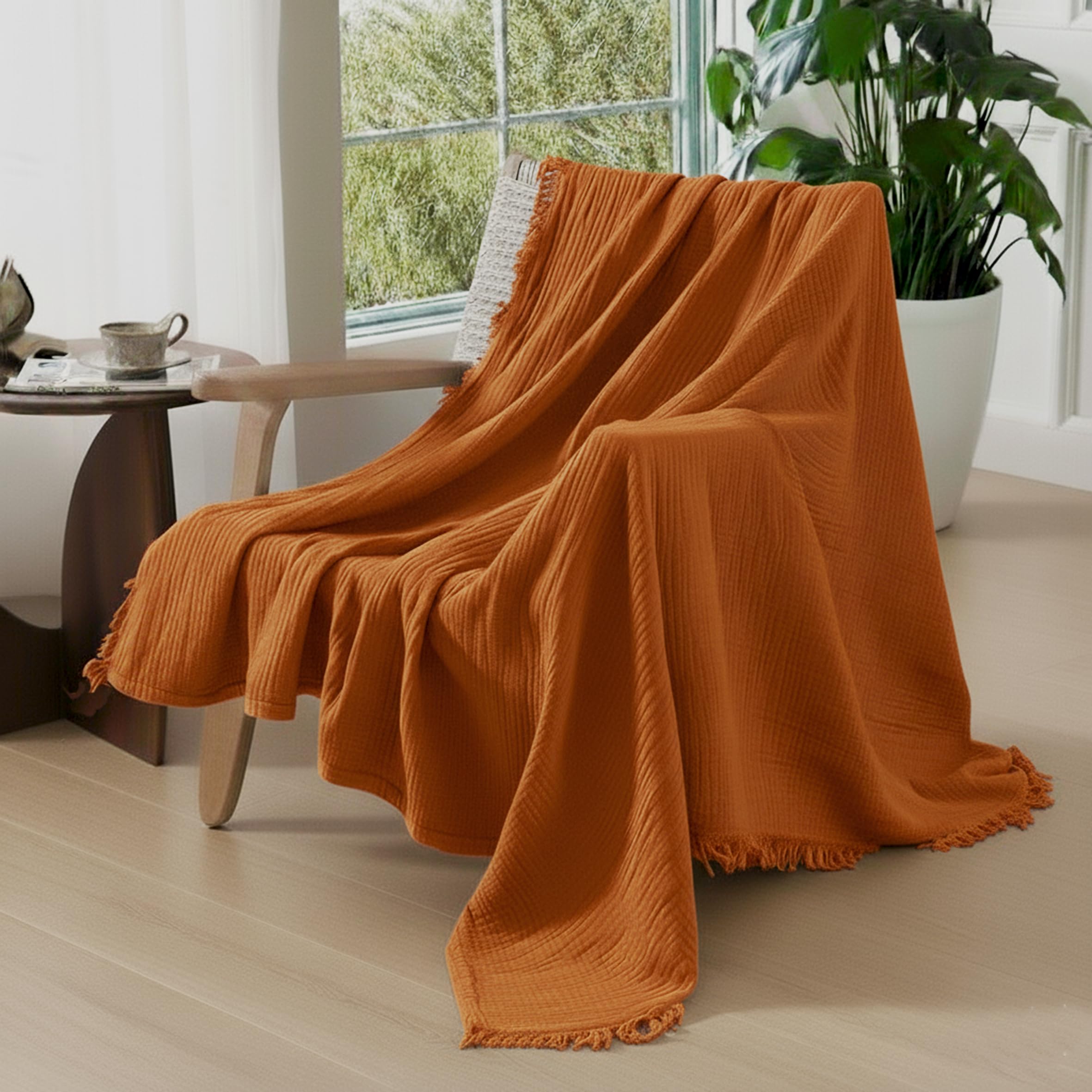 KyraHome Manta de algodón 100% orgánico de 60 x 80 Pulgadas para sofá, Adulto, prelavada, teñida con Plantas, Transpirable, Ligera y Suave, para Todas Las Estaciones (Terracota)