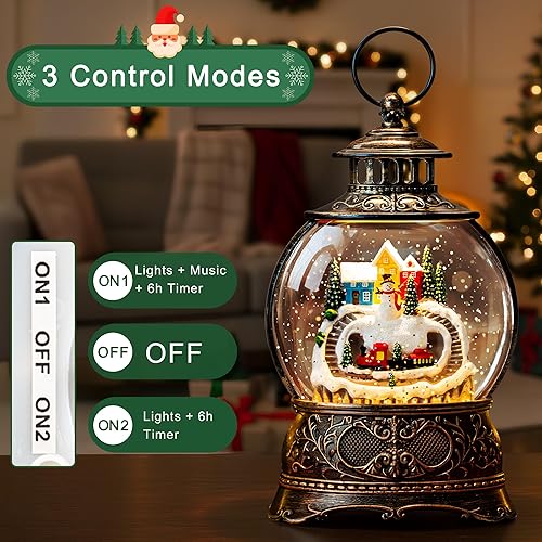 Miniatura 5 de Linterna de globo de nieve de aldea de Navidad  Globo de agua con purpurina LED musical, pueblo nevado con tren, batería o USB, temporizador
