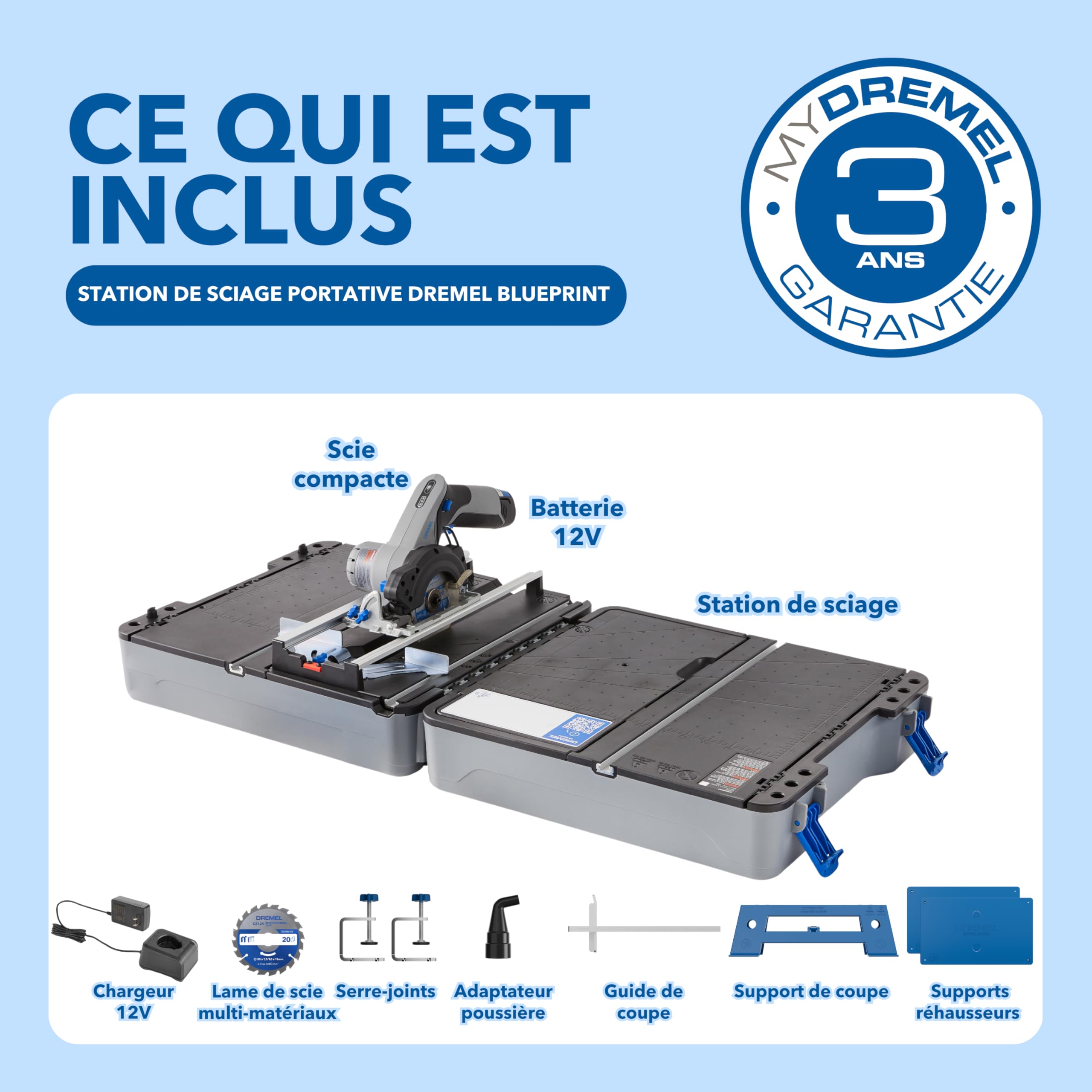 Dremel Blueprint 12V Station de Sciage Portative avec 1x Scie compacte sans fil 12V, 1x Station de sciage, 1x lame multi-matériaux, 1x guide de coupe, 2x Serre-joints
