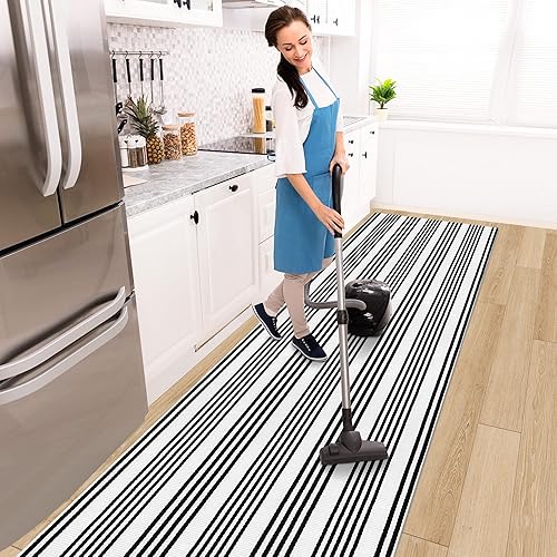 Miniatura 4 de Aoczes - Alfombra de pasillo de 3 x 10 pies, alfombra a rayas en blanco y negro, algodón, tejida, alfombras de granja para interiores y exteriores,