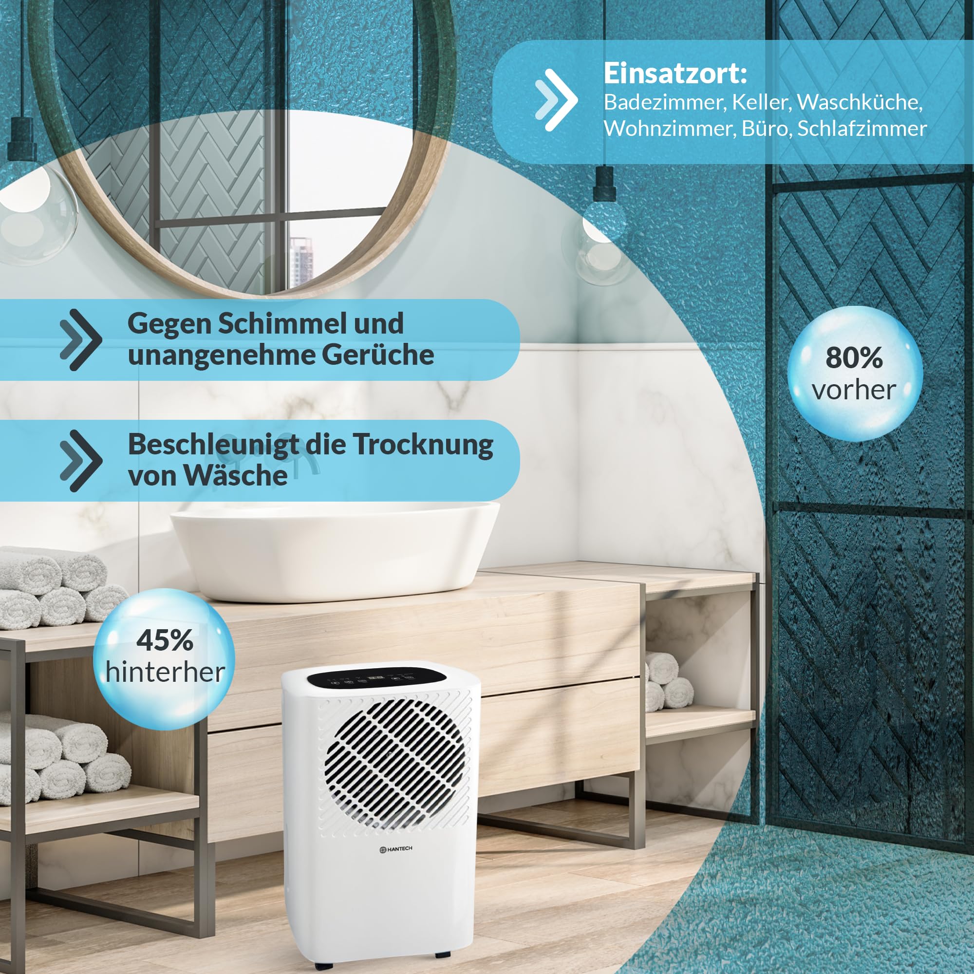 HANTECH Luftentfeuchter 10L/Tag Elektrisch, leise, gegen Schimmel inkl. Timer und Wassertank - Dauermodus möglich, schnelle Wäschetrocknung für Keller, Badezimmer, Wohn- und Schlafbereich