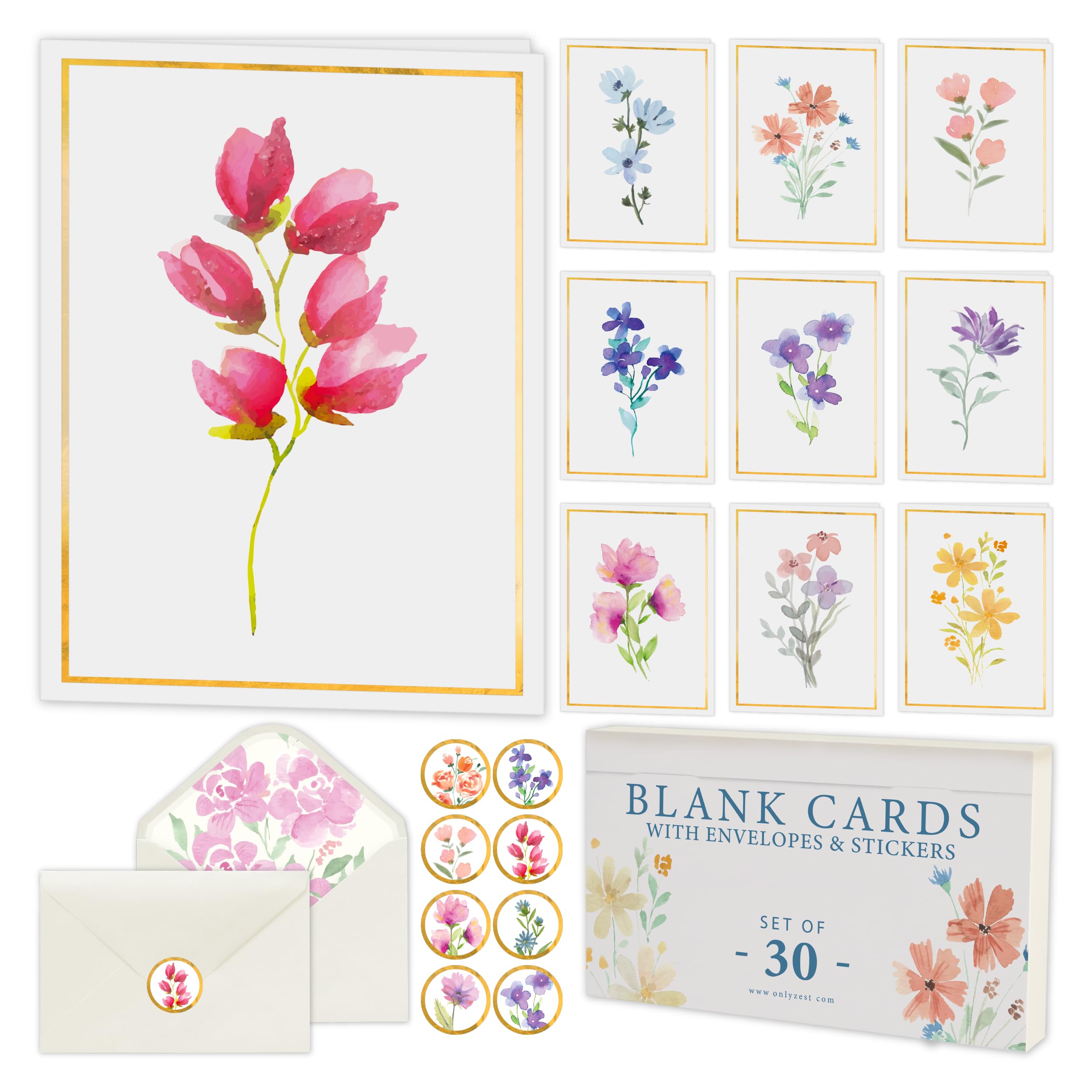 Only Zest 30 Blank Cards with Envelopes Set 4x6 Inch – Minimalistic Floral Design with Gold Border – Note Cards for Greetings, Thank You, Sympathy,