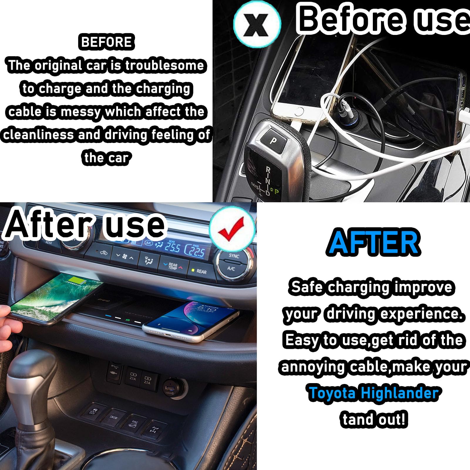 Caricabatteria da auto wireless per Toyota Highlander (2015-2021) tutti i modelli con sistema di raffreddamento a doppio canale d'aria Accessori di aggiornamento con ricarica rapida doppia da 15 W