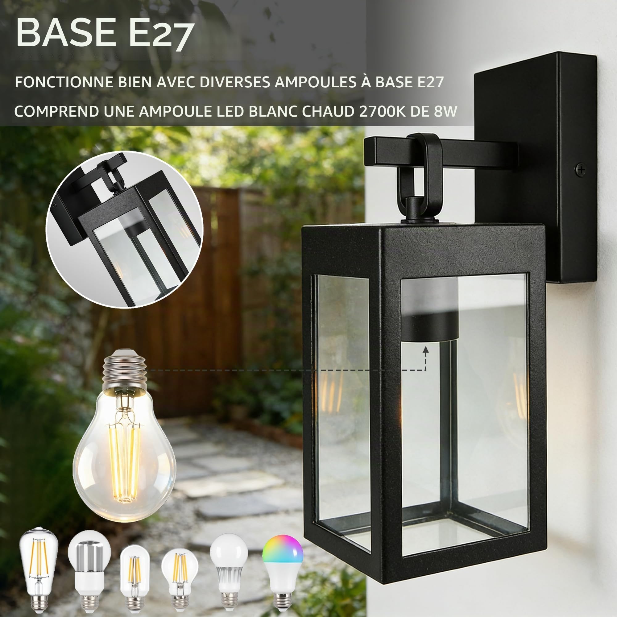 JNR Applique murale extérieure, Acier Inoxydable Laterna E27, Noir