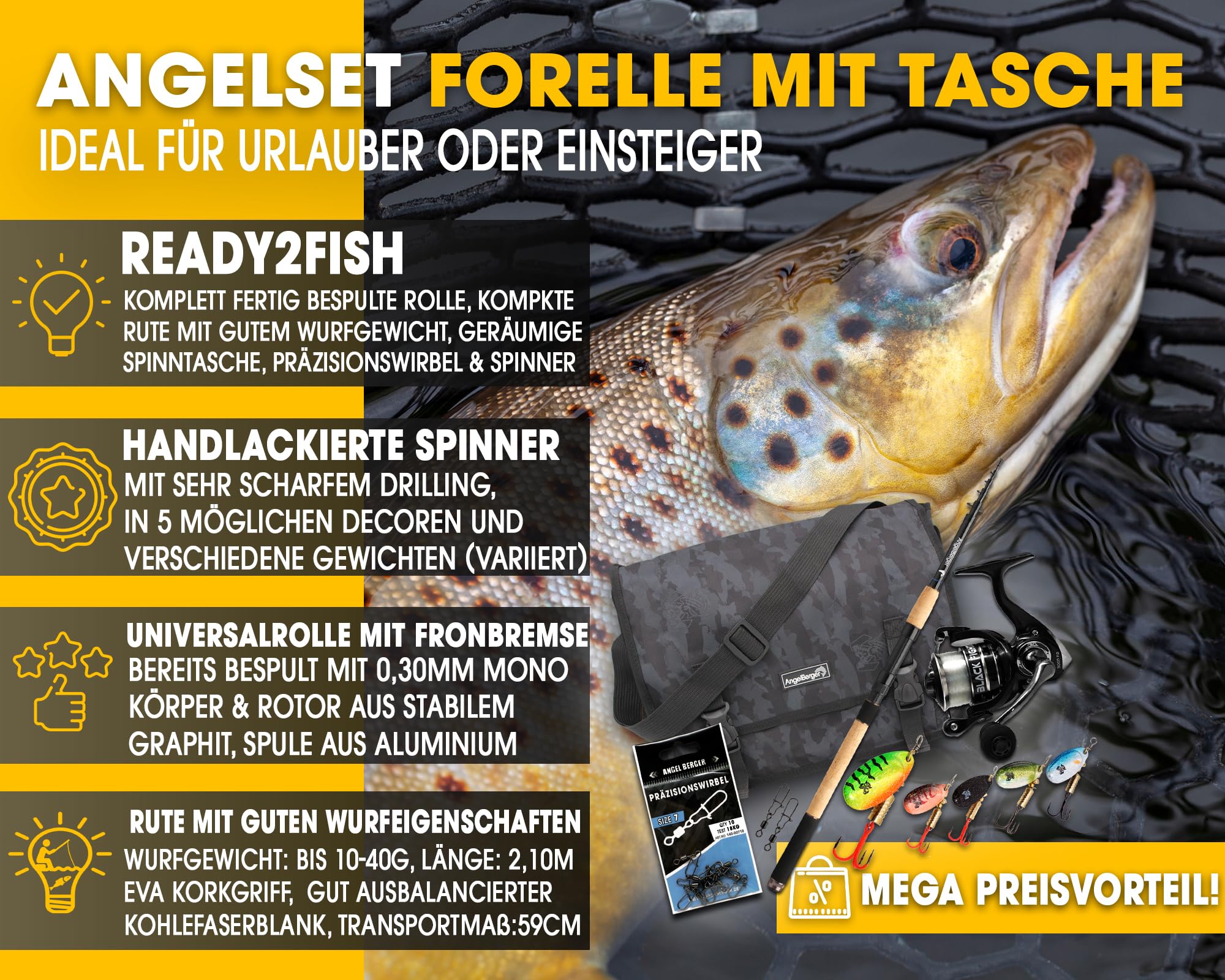 Angel-Berger Tele Angelset Forelle mit Tasche und Zubehör Trout Fishing Set Angelrute Angelrolle Forellenköder