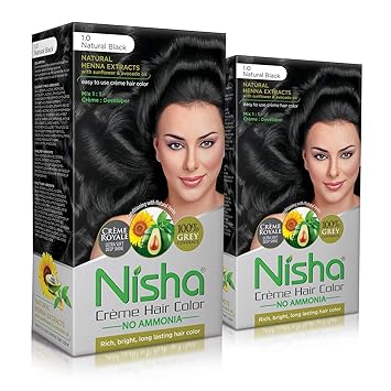 Nisha Hair Colour, No Ammonia Formula Hair Color, 60gm + 60ml- Black Shade 1.0 (Pack of 2)
