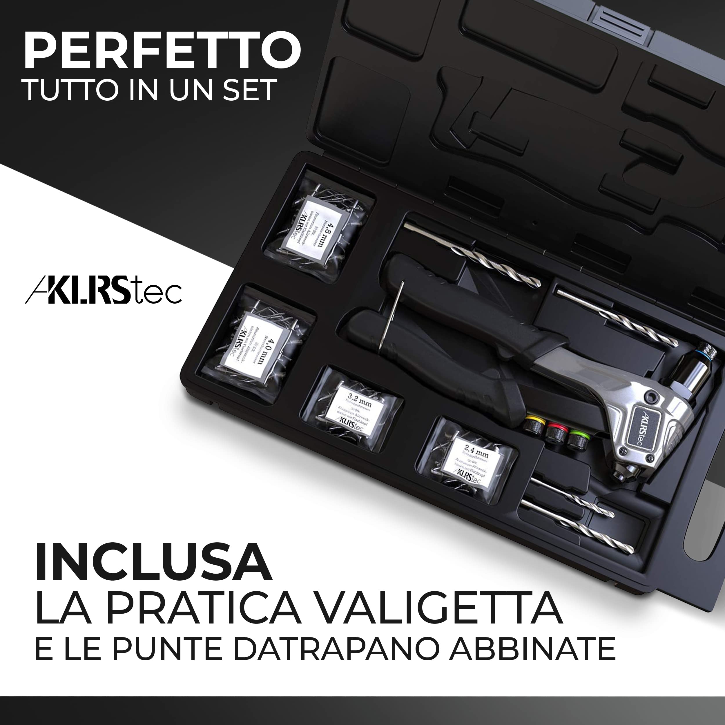 KLRStec® Pinze professionali per rivetti inclusi 120 rivetti e 4 perforatori HSS - Tenaglia per rivetti a strappo di alta qualità per lavorare con i rivetti ciechi