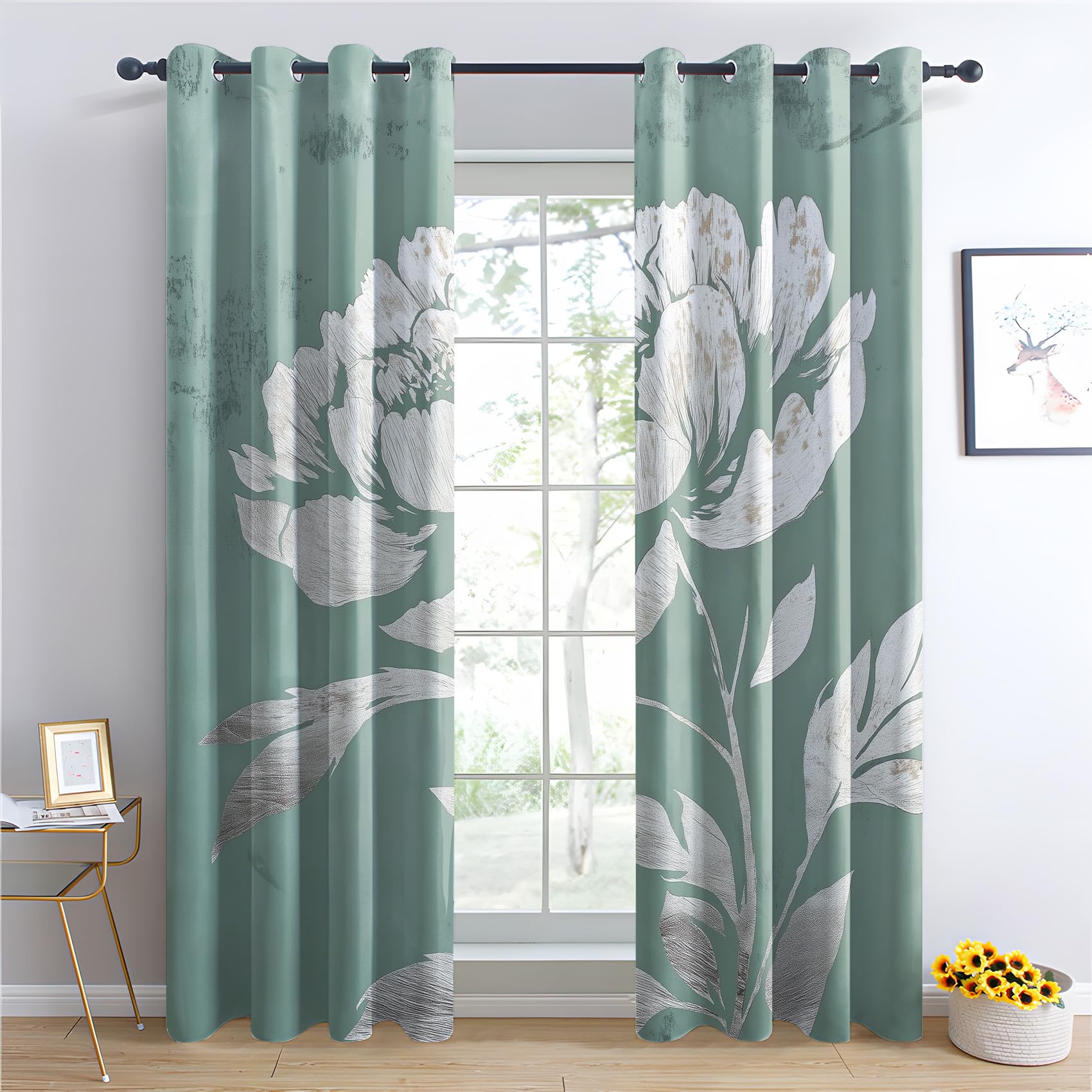 Luxfieo Peony Blackout Curtains for Living Room Bedroom - 54 Inch Drop Curtains 66x54, Vintage Green and White Floral Patterned Window Treatments, Thermal Eyelet Drapes 2 Panels