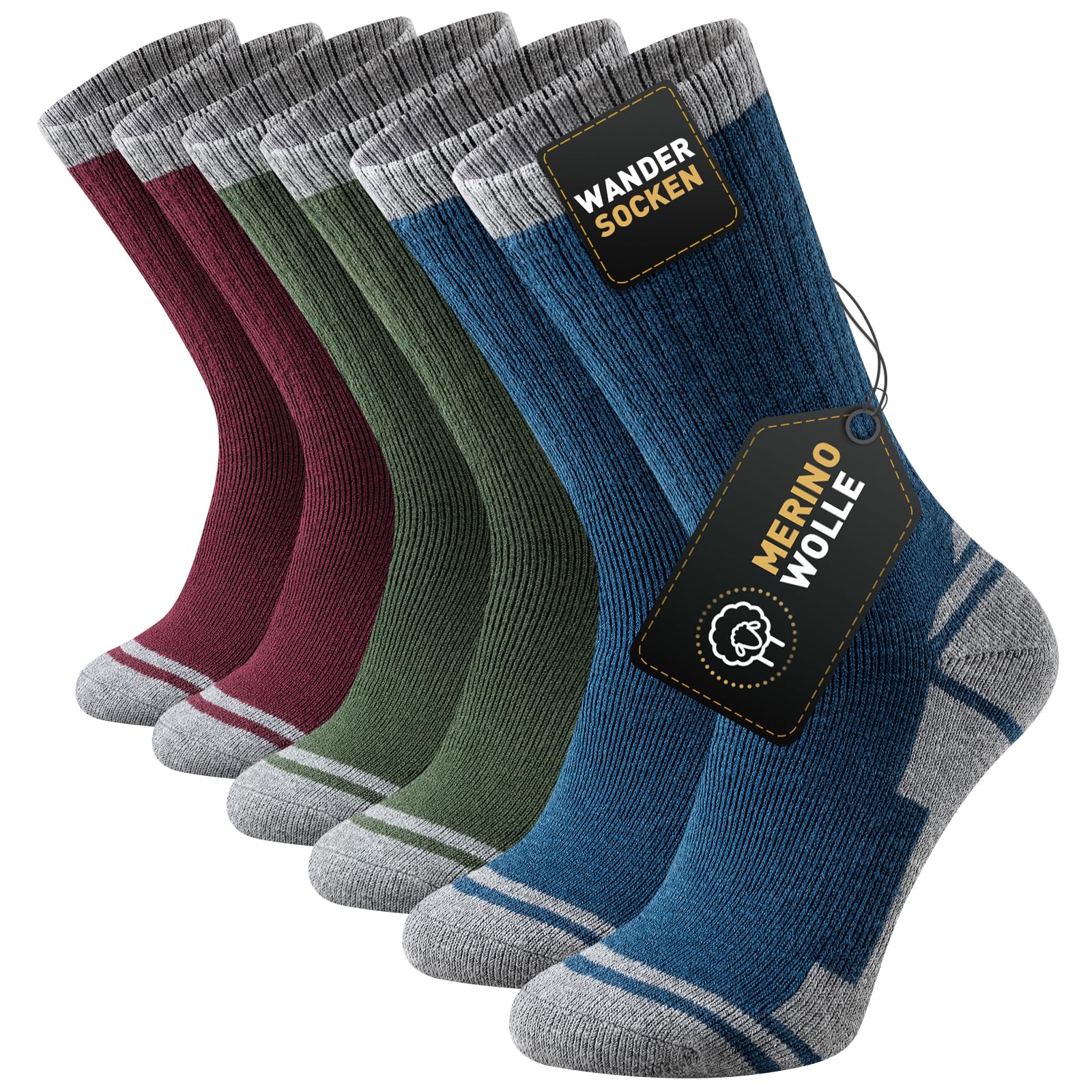 Stoeury Merino Wandersocken Herren Damen, Dicke Thermosocken Wintersocken, Warme Merinowolle Outdoor Socken, Anti Blase Gepolsterte Trekkingsocken, Atmungsaktiv Sportsocken 3 Paar