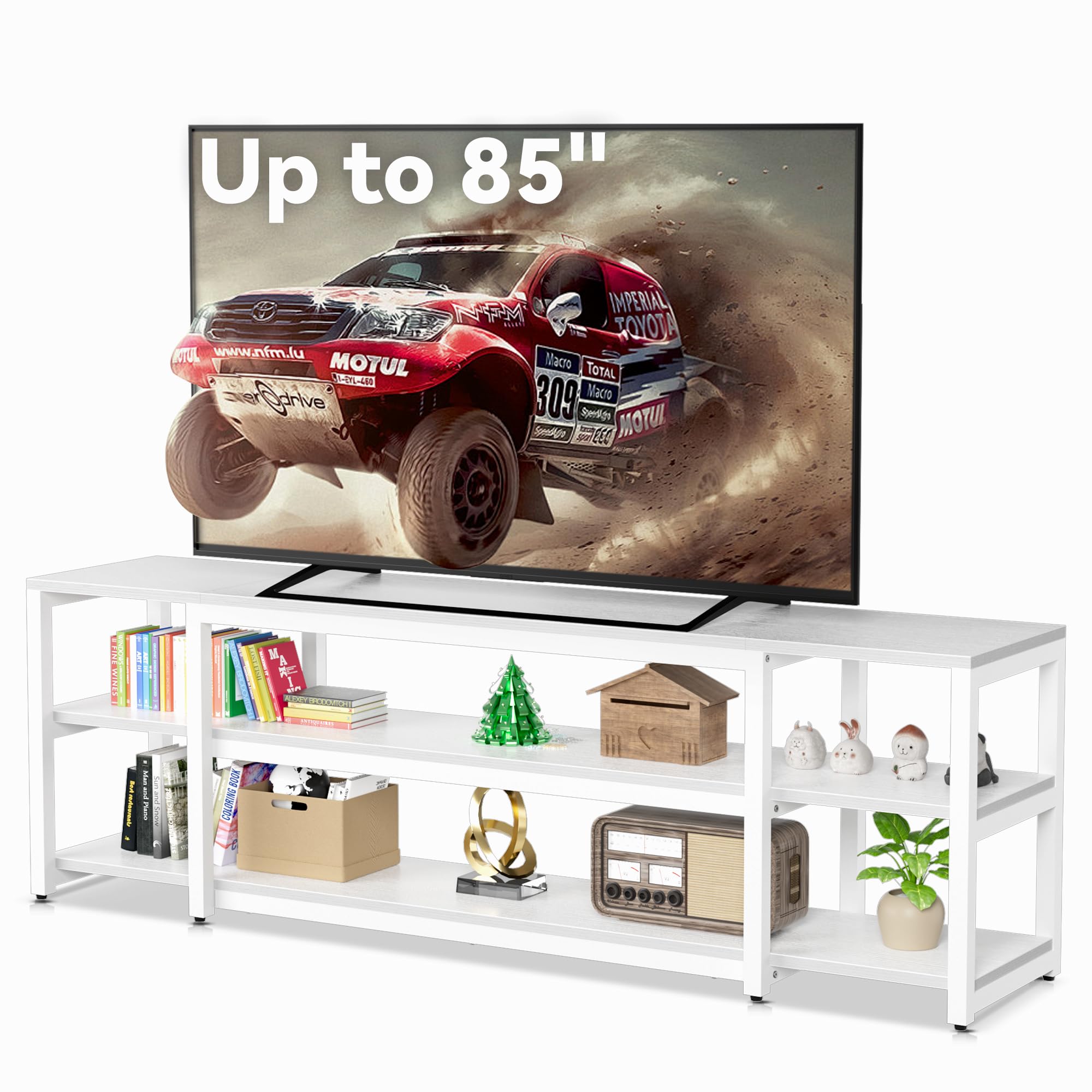 Aquzee White TV Stand for up to 85inch, Entertainment Center for 70 75 80 85" TV, 75.2" Wide Wood Television Console Table for Living Room Bedroom Gaming Room