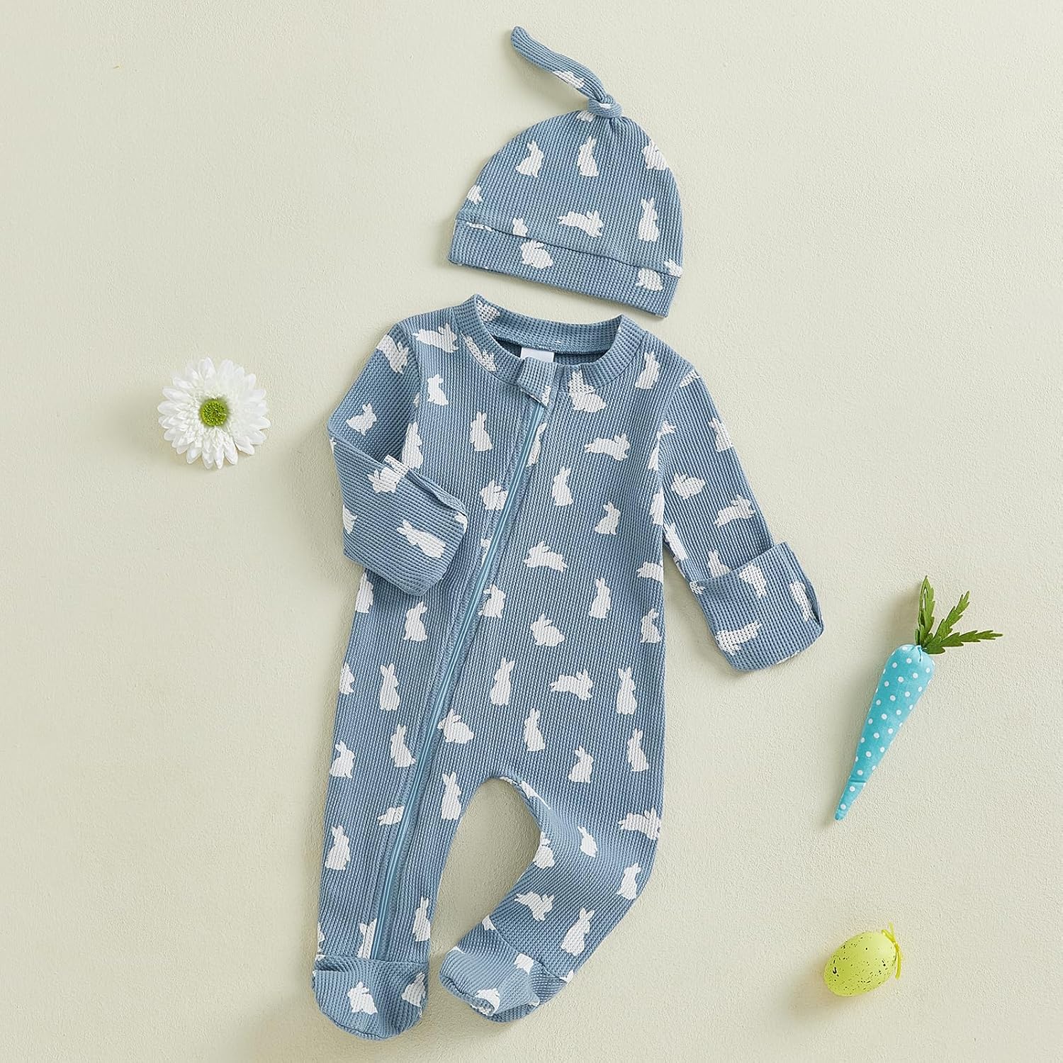 YINGISFITM My First Easter Baby Girl Boy Outfit Footie Romper Waffle Knit Zipper Onesie Jumpsuit Newborn Easter Clothes - Image 2