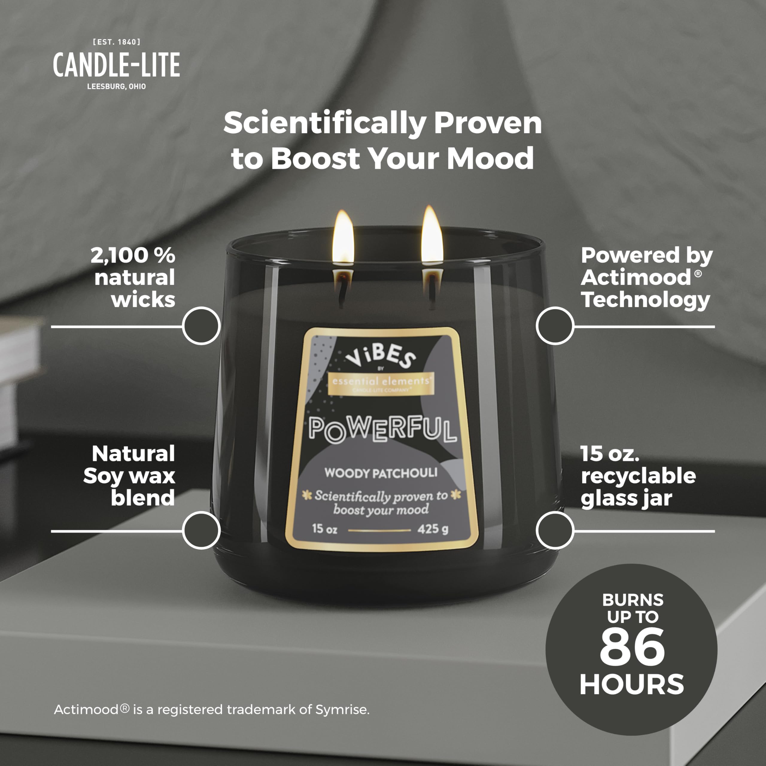 Candle-Lite Vibes Woody Patchouli Mood-Enhancing Scented Candles, 15 oz Jar, Aromatherapy, Proudly Poured in The USA, 2-Wick, 86 Hours Burn Time, Perfect Relaxation Gift