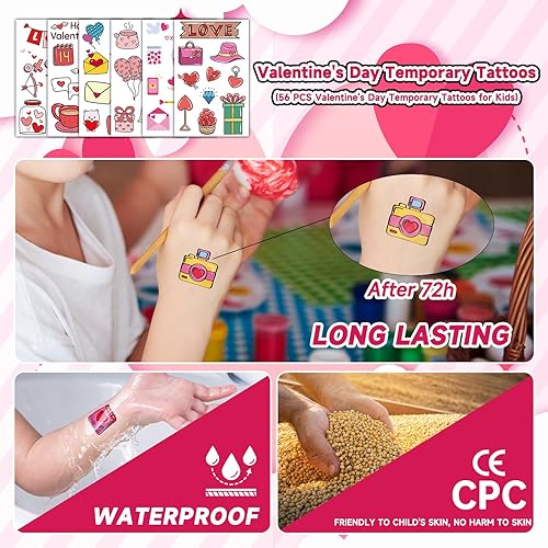 Miniatura 4 de EMOME 56 hojas de calcomanías temporales para el día de San Valentín para niños, tatuajes de corazón temporales para accesorios del día de San