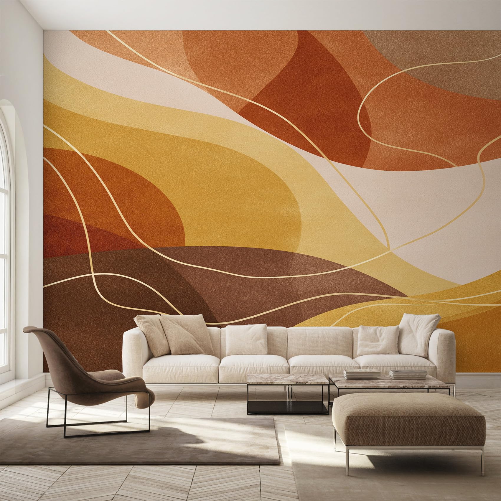 Papier peint intissé moderne milieu du siècle pour masquer les défauts d'un mur de salon