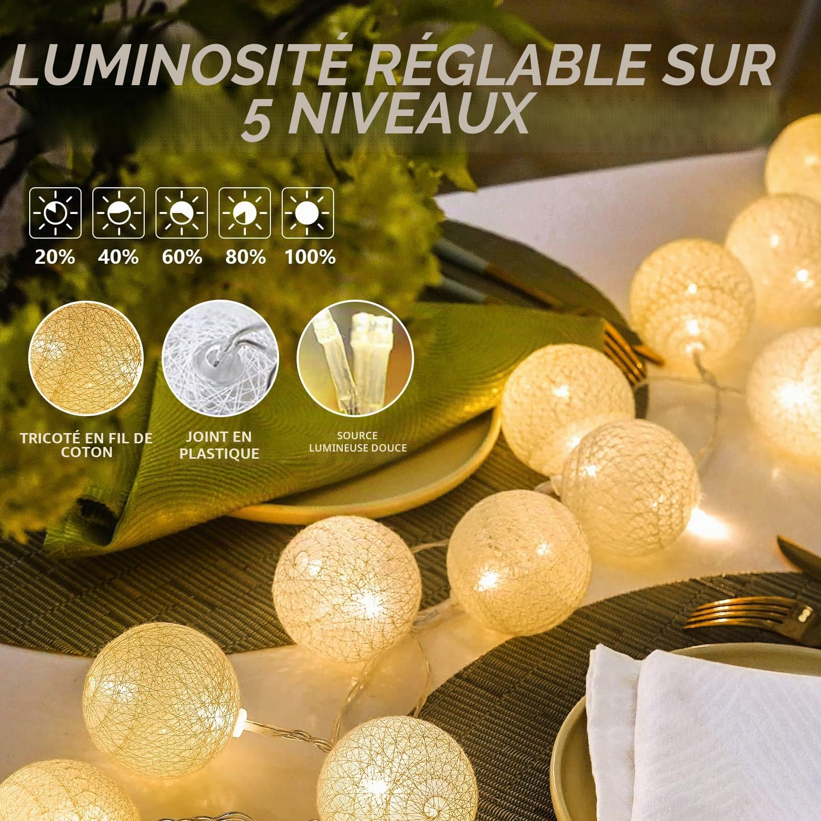 Ciskotu Guirlande Lumineuse Coton Boules Alimenté par pile, 20 LED Dimmable Guirlande Lumineuse Boule avec Télécommande, LED Guirlande Boule Lumineuse Intérieur pour Chambre Enfant Noël Fête (Macaron)