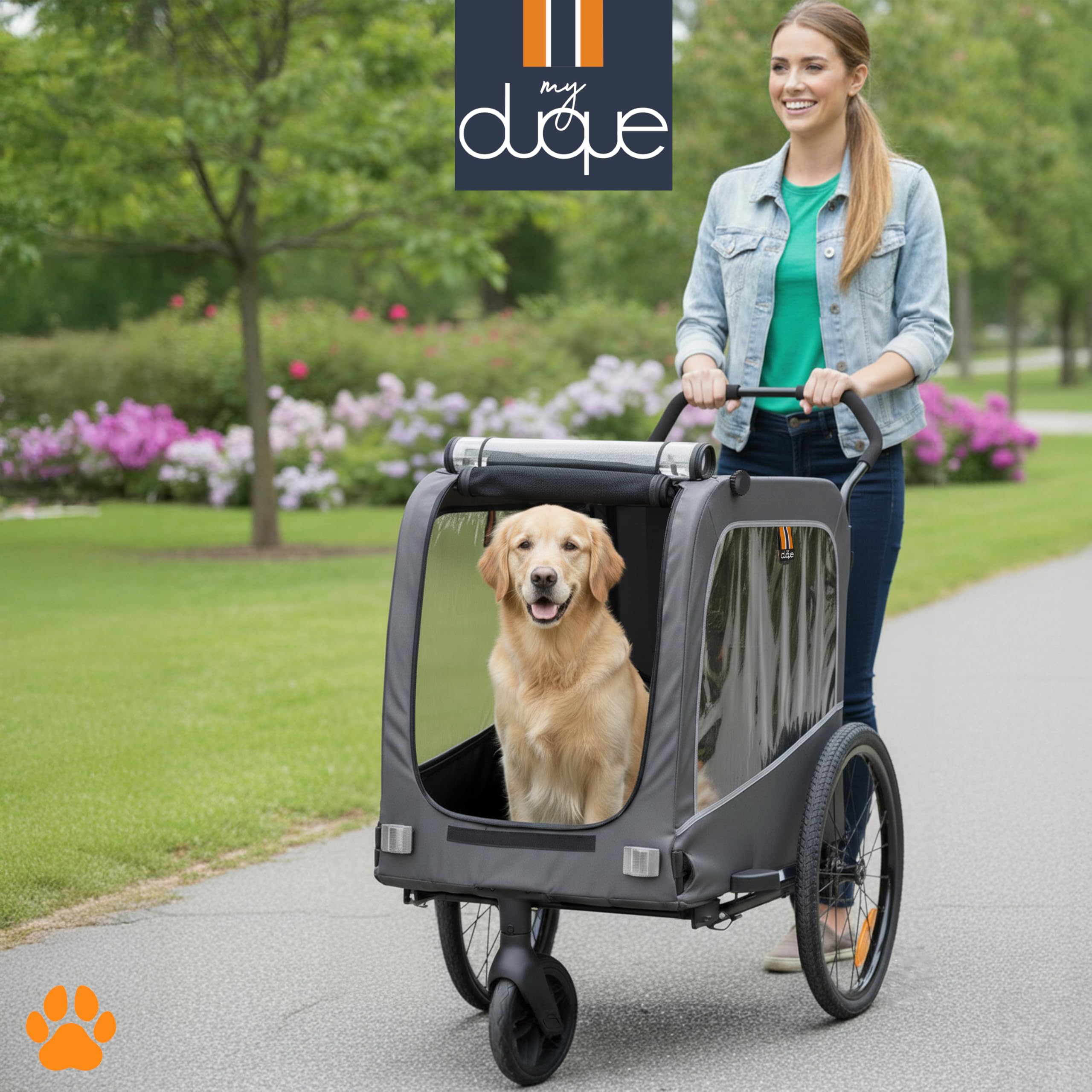 Carter - 3in1 Dog Pet Bicycle, Bike Transport Trailer, Pet & Shopping Stroller Pushchair, Jogger, Convenient Trolley, Easy Fold, Rain Screens Included, Max Load 50kg/110lb, Color Dark Grey