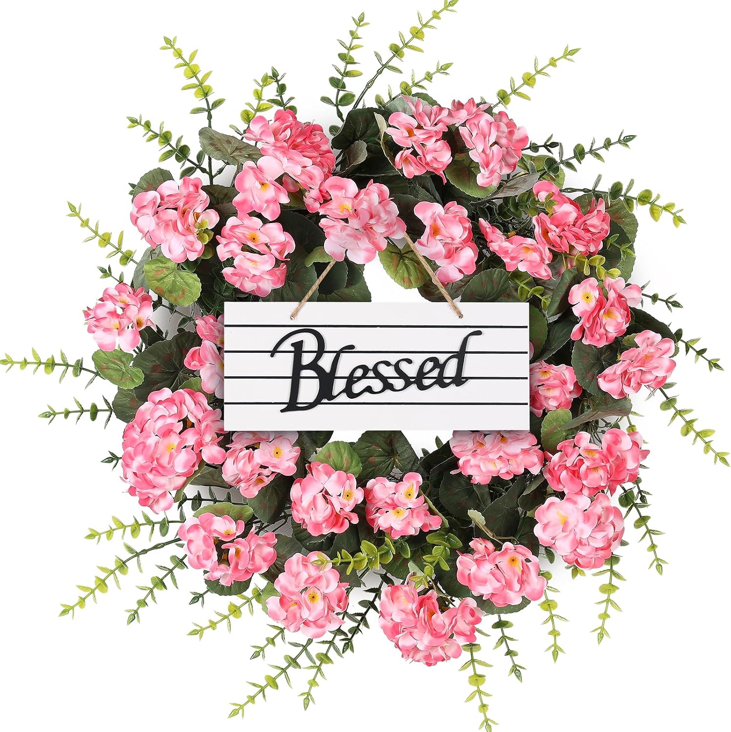 Pink Artificial Geranium Wreath, 22 Inch Spring Summer Wreaths for Front Door with Blessed Hanging Sign, for Rustic Farmhouse Entryway Porch Balcony Decor