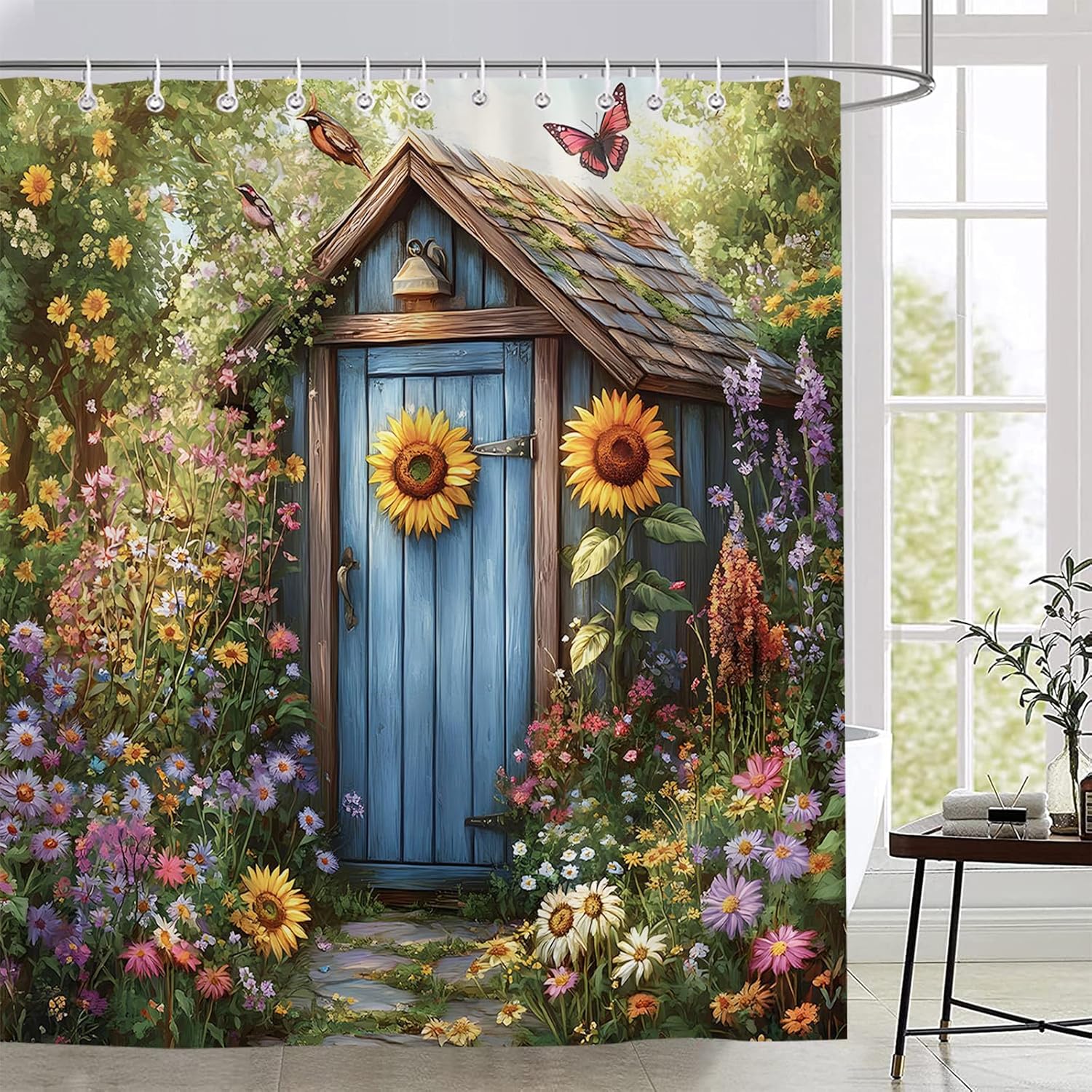 Outhouse Shower Curtain Farmhouse Floral Sunflowers Wildflowers Butterflies Rustic Cottage Spring Summer Country Nature Garden Bathroom Decor Set Polyester Fabric with Hooks 70X90 Inch