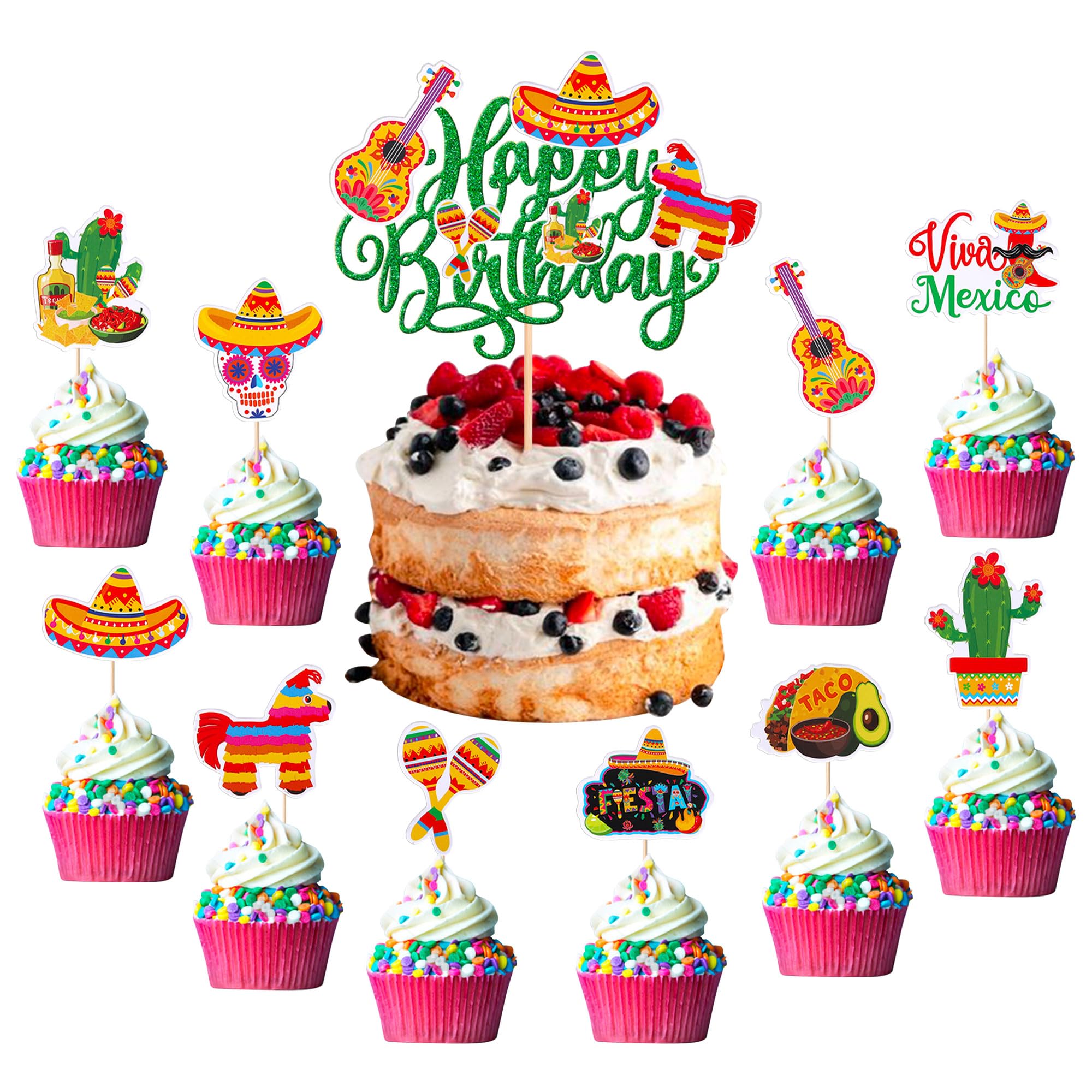 Mexican Fiesta Cake Topper - Cactus Donkey Guitar Theme For Birthday, Baby Shower Party Decor