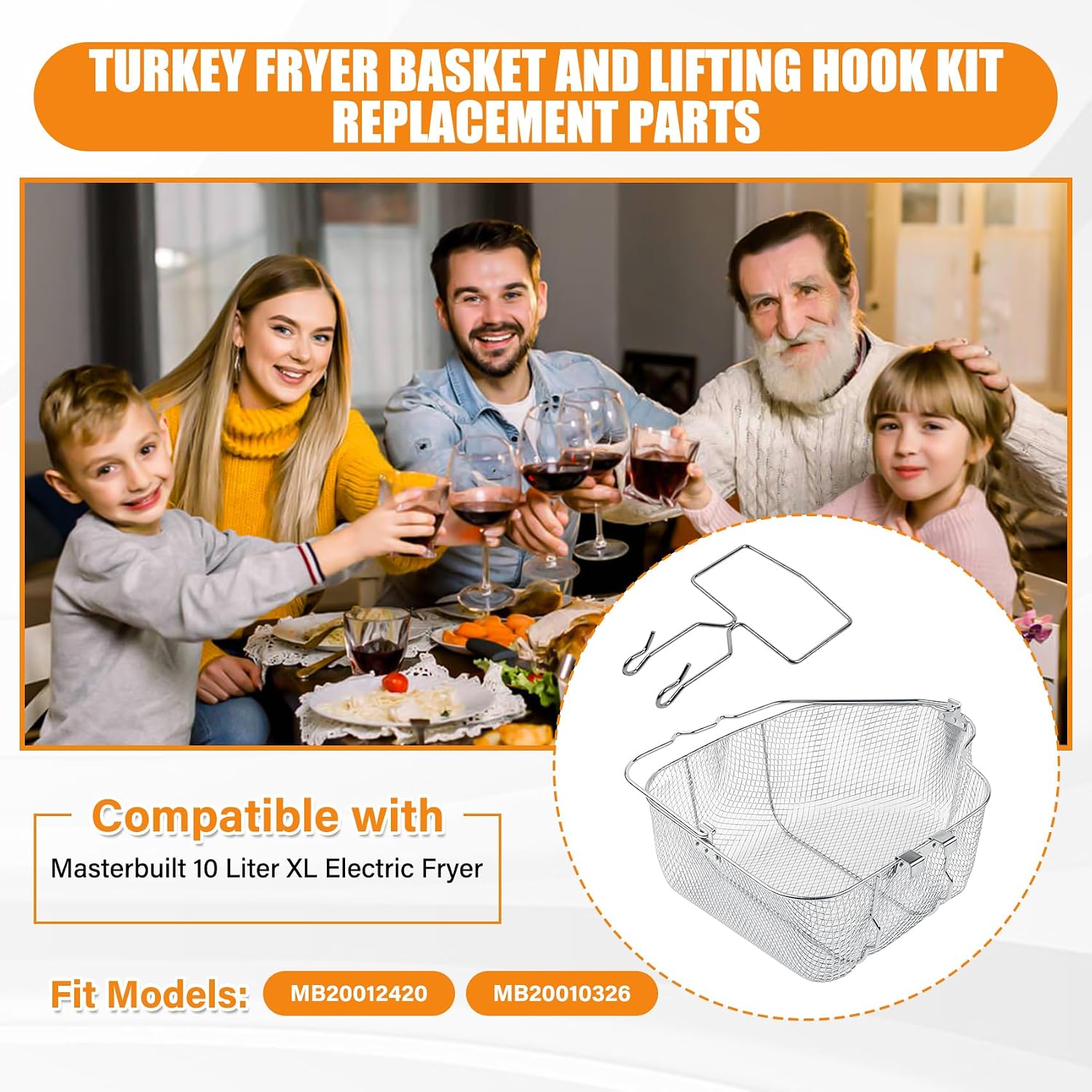 Turkey Fryer Basket and Lifting Hook Kit for Masterbuilt 10 Liter XL Electric Fryer, Turkey Basket and Handle Lift/Lifter Replacement Parts for Masterbuilt XL Deep Fryers MB20012420, MB20010326