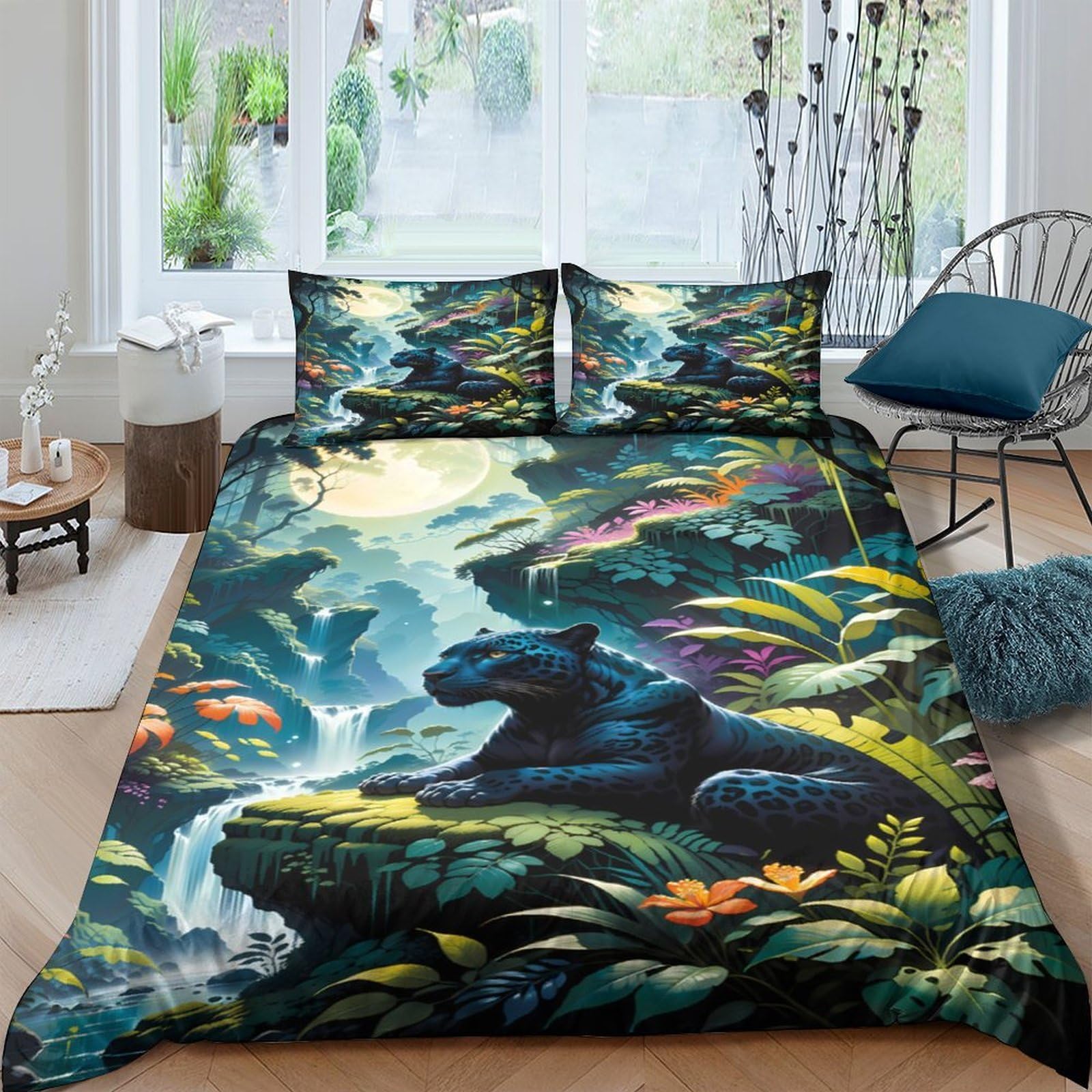 Ctjqhvkz Style-3 3D Printed Jungle Panther Fitted Sheet Microfiber Soft Breathable Waterfall Forest Bed Cover For Bedroom Decor Single（135X200cm）