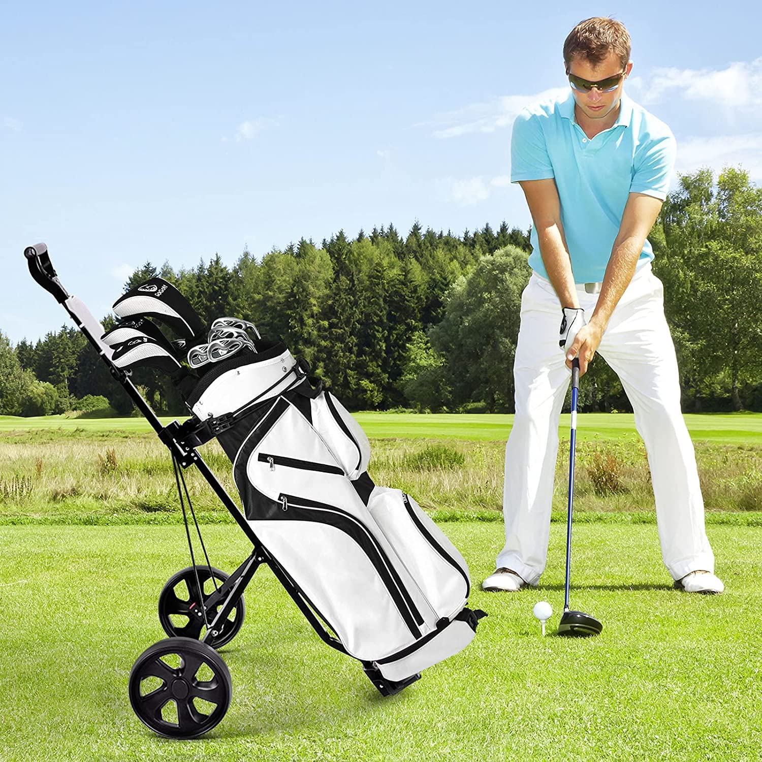 GYMAX Chariot de Golf à 2 Roues, Voiturette Golf Pliable avec Tableau de Score, Chariot de Golf Manuel avec Cadre en Acier Stable et Robuste, 97,5 x 68 x 111 cm