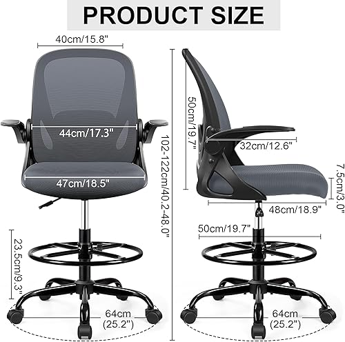 Miniatura 2 de Silla de dibujo alta de oficina con reposabrazos abatibles, altura ajustable, soporte lumbar mejorado, taburete ergonómico con ruedas, soporte