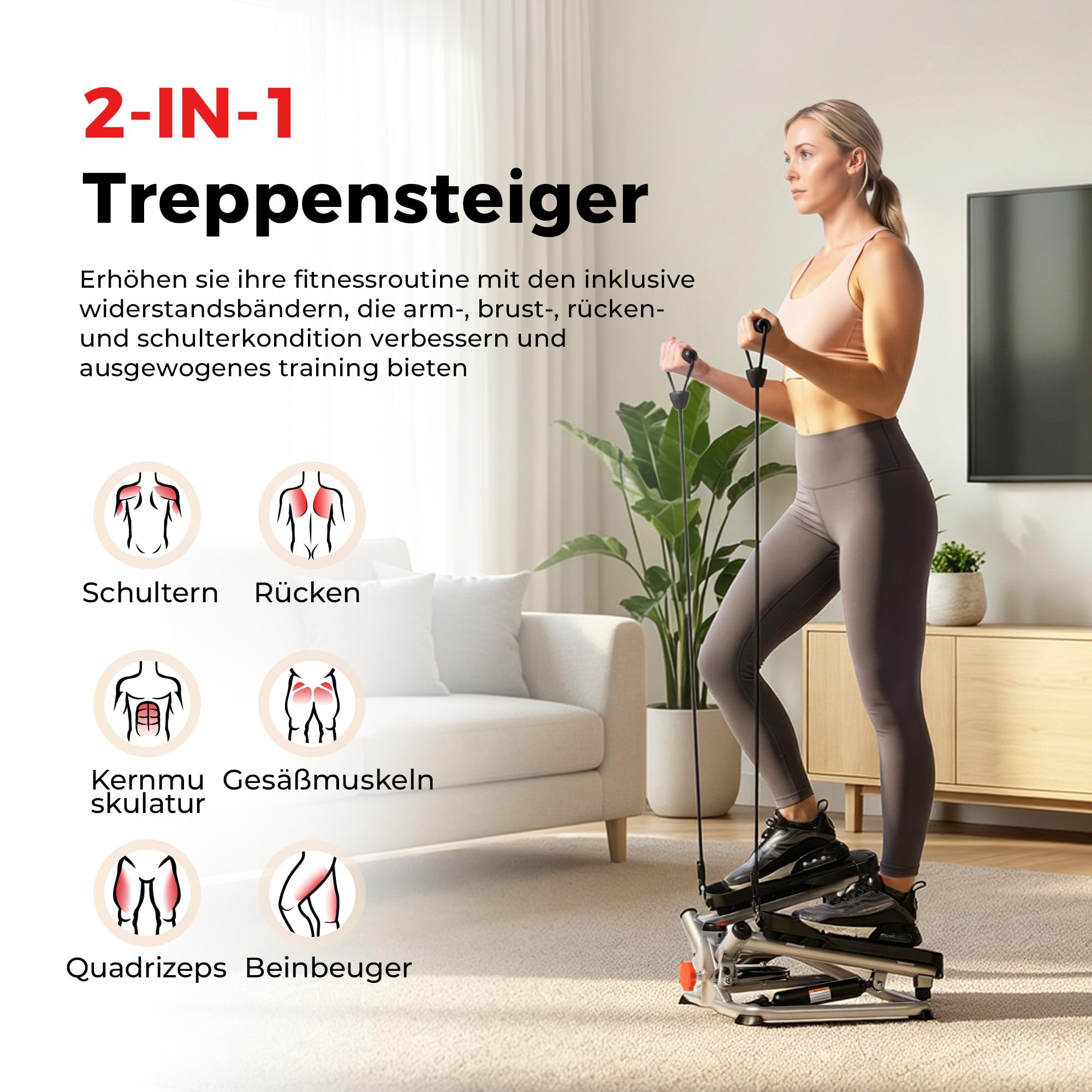 Sunny Health & Fitness Pro Stepper mit Widerstandsbändern für Heimtraining | Gelenkschonend, Hydraulischer Widerstand, SunnyFit-App, LCD-Display, 115-180 kg Belastbarkeit, Cardio zu Hause, Bänder