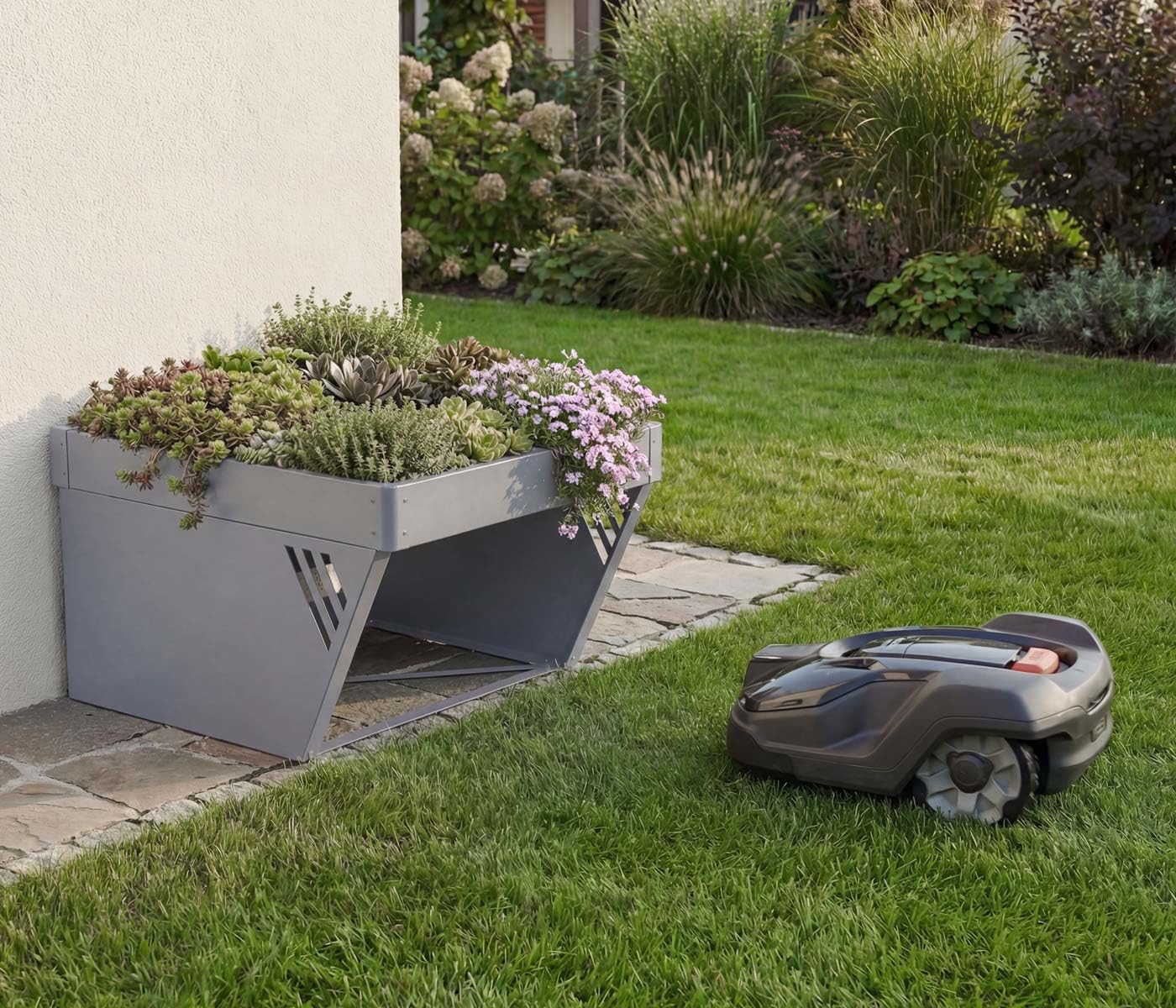 Garage pour Robot Tondeuse avec bac à Plantes HWC-P41 40x60x70cm Gris