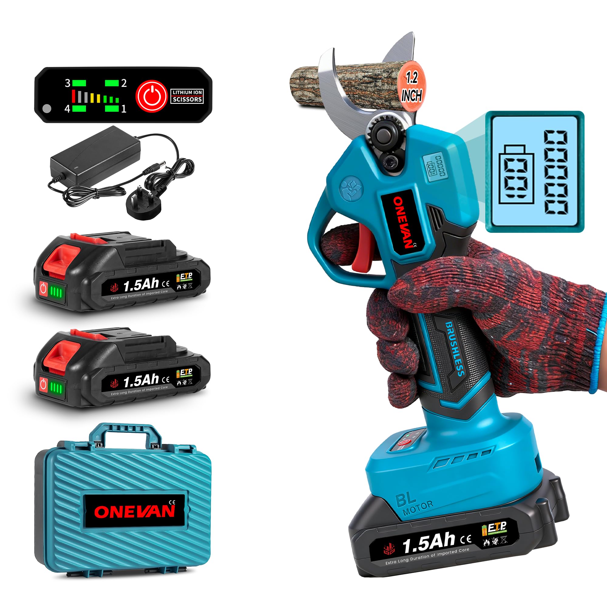 Electric Secateur Cordless Battery Secateurs - 30mm(1.2inch) Cutting Diameter, Brushless Electric Pruning Shears, 4-Cutting Opening, with LCD Display & SK5 Blades, 2*1.5Ah Battery, for Garden Pruning
