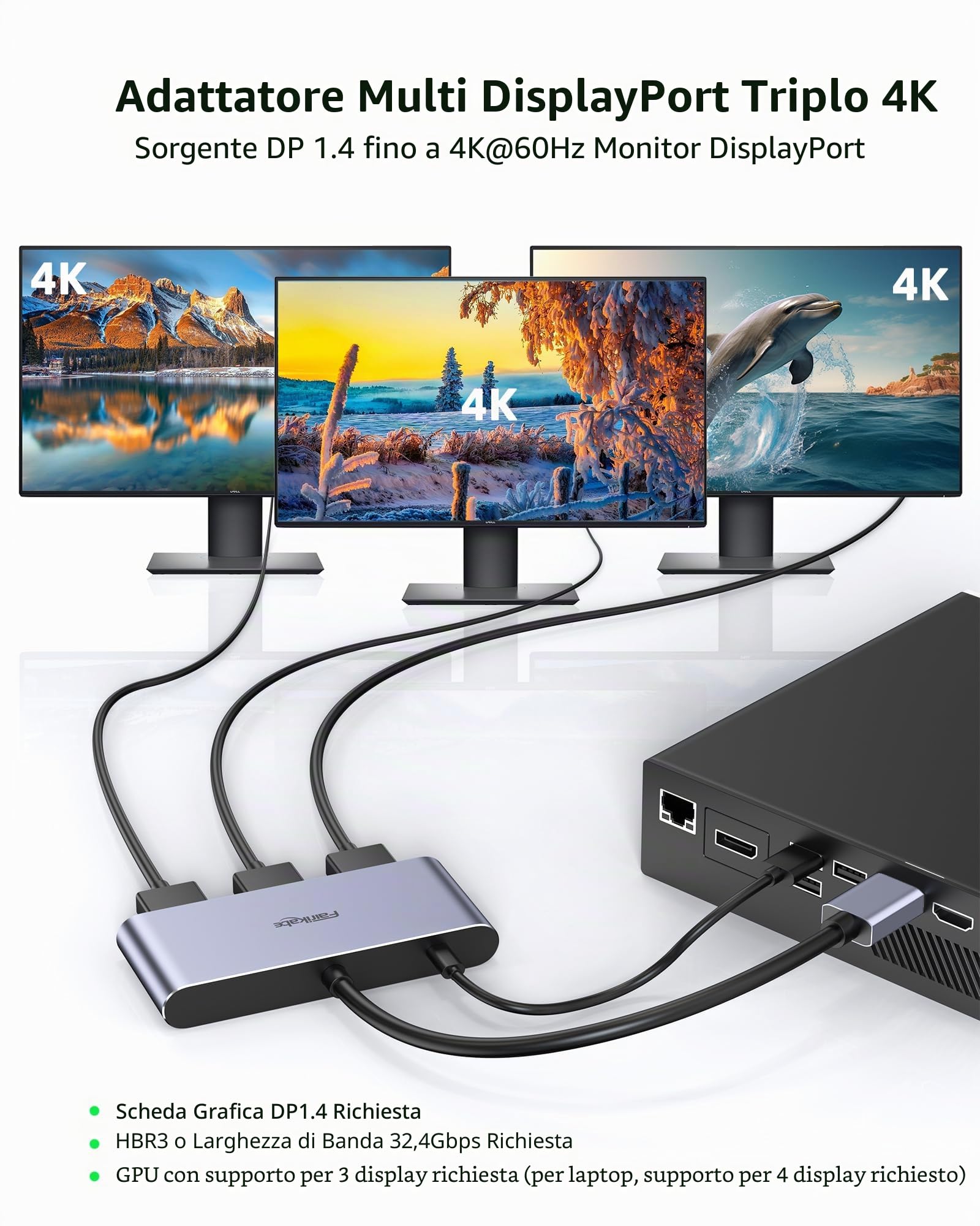 Splitter DisplayPort 1.4 a 3 porte - DisplayPort MST Hub Monitor Splitter | Supporta single 8K, Dual 4K 120Hz, 60Hz e 1080p 60Hz - Solo Windows