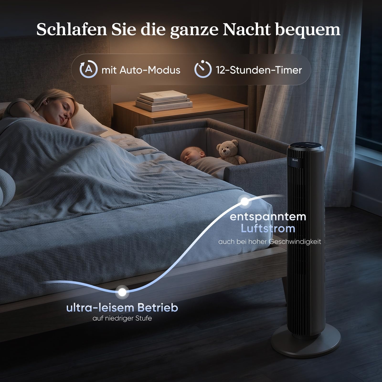 Levoit Turmventilator mit Fernbedienung, oszillierender Säulenventilator, 5 Geschwindigkeiten, 4 Modi, 12 Std Timer, 92 cm, Mattgrau