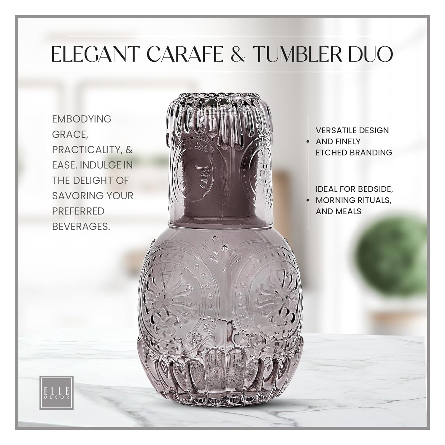 elle decor 2 Pc Carafe Set | Bedside Night Water Carafe | Glass Pitcher and Cup that Doubles as a Lid | Glass Tumbler Perfect for Storing Water, Juice, and Other Drinks on Desktop/Shelf (Gray) - Image 3