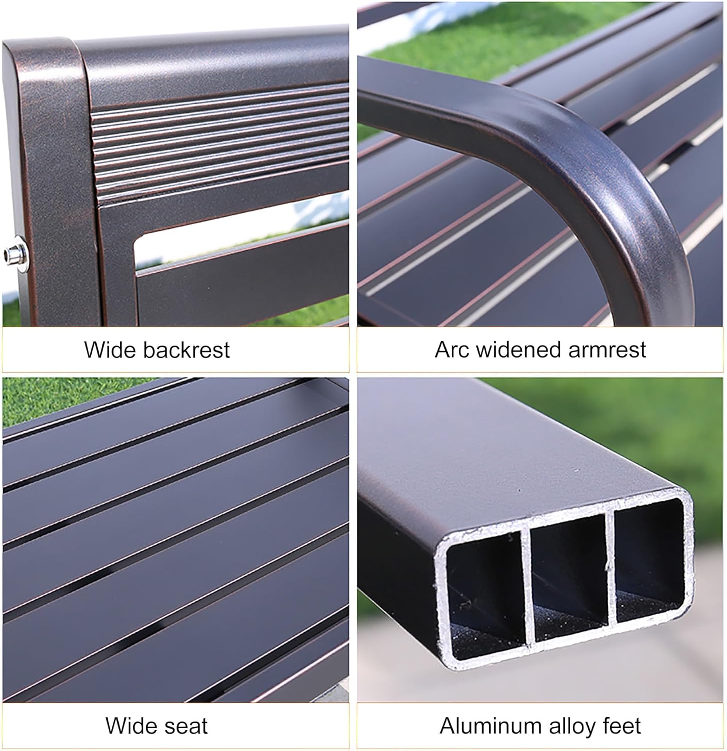 49 Inches Patio benches for outdoors, Aluminum alloy Frame Garden Park Bench with curved handrails and Backrest, Patio Seating, Slatted Seat, for Lawn, Picnic, Yard, Front Porch Backyard ( Color : Bro