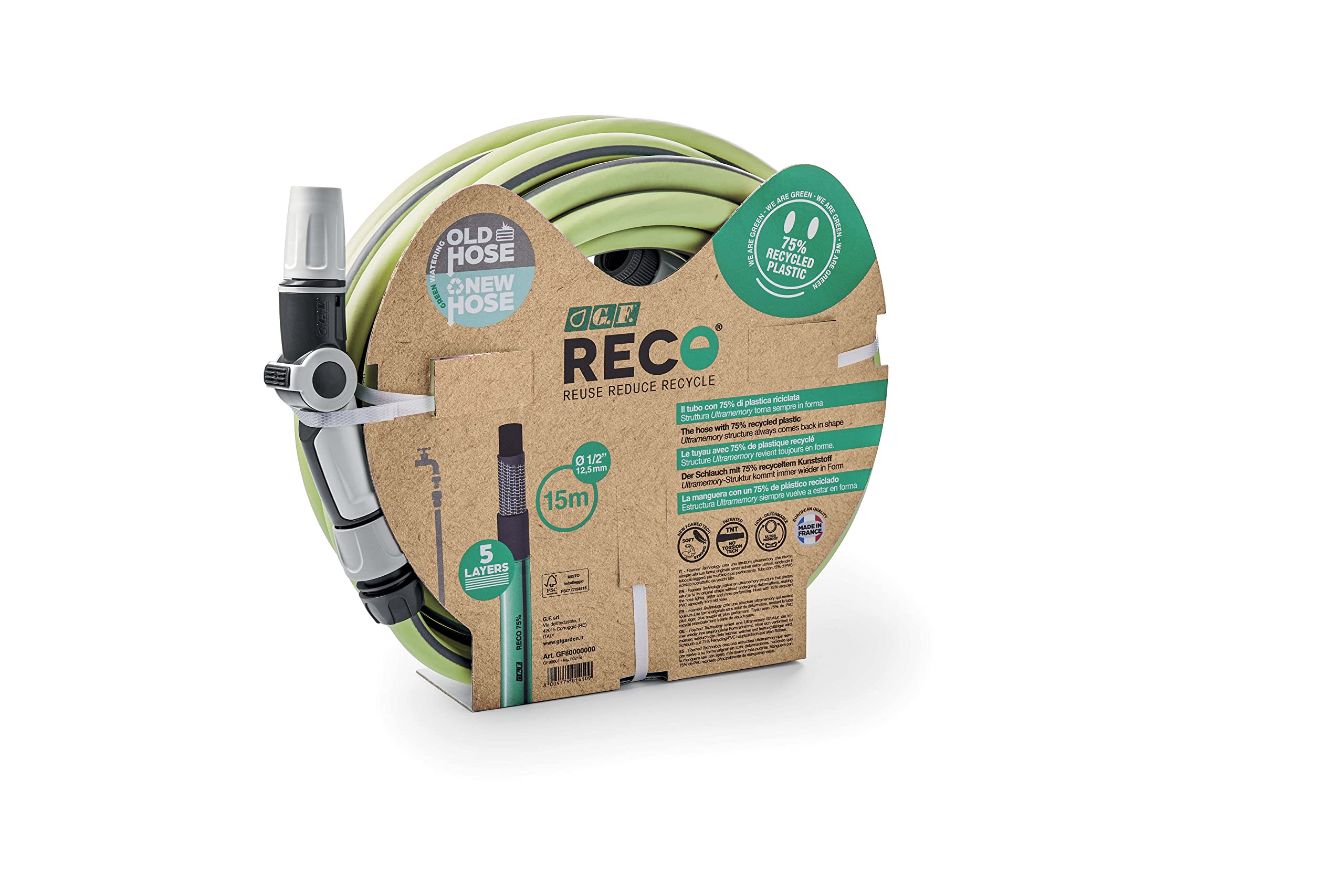 G.F. Srl TUYAU RECO, 15m de tuyau pour arrosage 12,5 mm (1/2") en PLASTIQUE RECYCLE, équipé de KIT pour l'arrosage (lance ergonomique 3 jets, raccords, nez de robinet). Fabriqué en France, Vert Lime