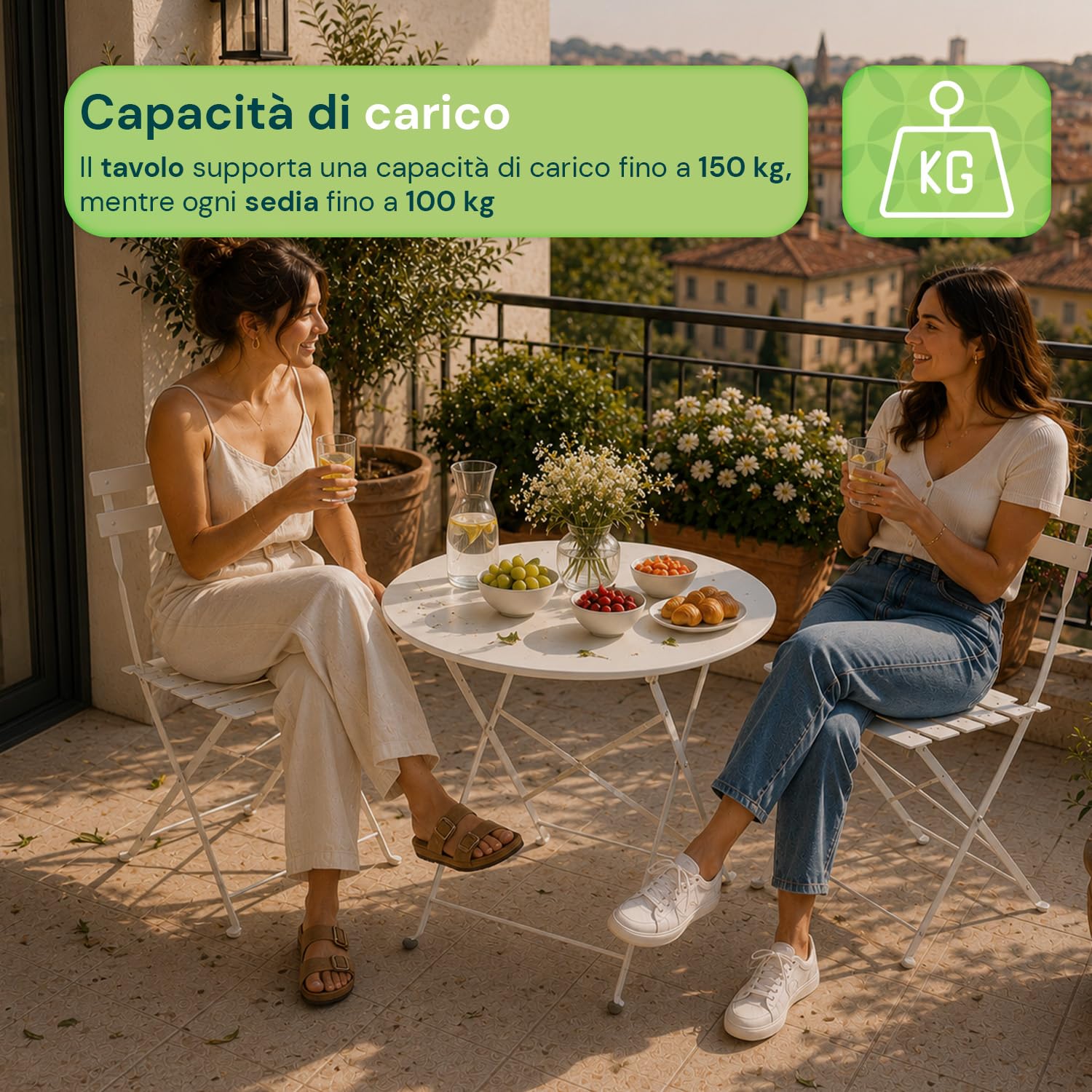 Avilia - Set Tavolo e 2 Sedie da Giardino Pieghevoli – Tavolo Rotondo Ø60 cm, 2 Sedie, Ferro | Tavolo e Sedie da Esterno, Tavolo 150 kg, Sedie 100 kg, Chiudibile, Balcone e Terrazzo (Bianco)