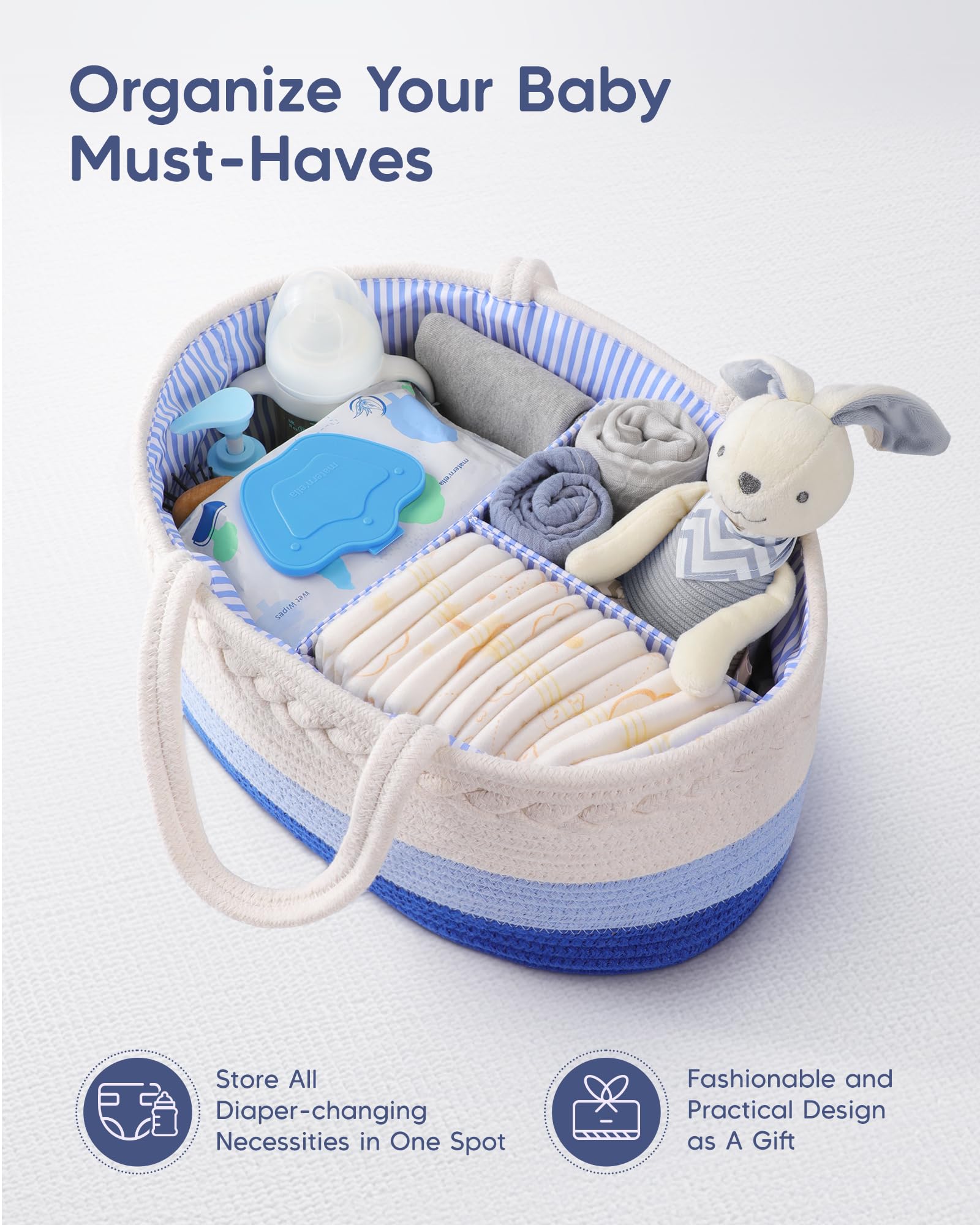 Maliton Nappy Caddy, Cotton Rope with Removable Dividers, White&blue, Medium - Image 4