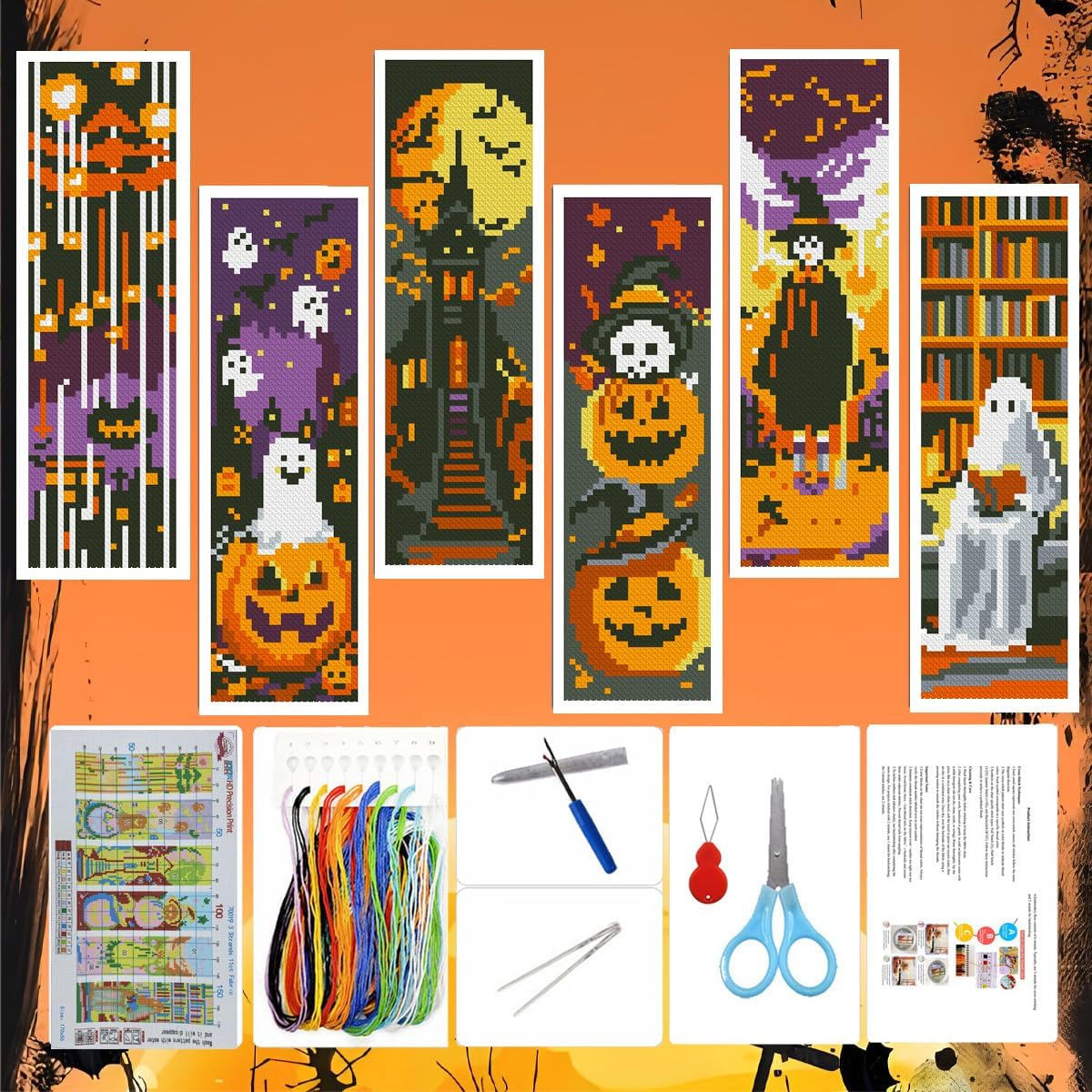 Zhenqing Halloween Stamped Cross Stitch Bookmark Kit, 6 Pumpkin Ghost Witch Designs for Adults and Beginners, Book Lover Gift