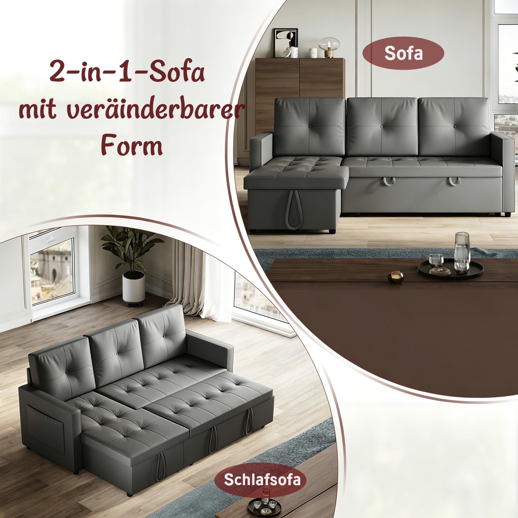 Eck-Schlafsofa 3-Sitzer mit Stauraum und praktischen Laufrollen Dunkelgrau | mit Geräuschlose Laufrollen und Integrierter Stauraum Katzenkratzfestes Kunstleder Dunkelgrau für Wohnzimmer