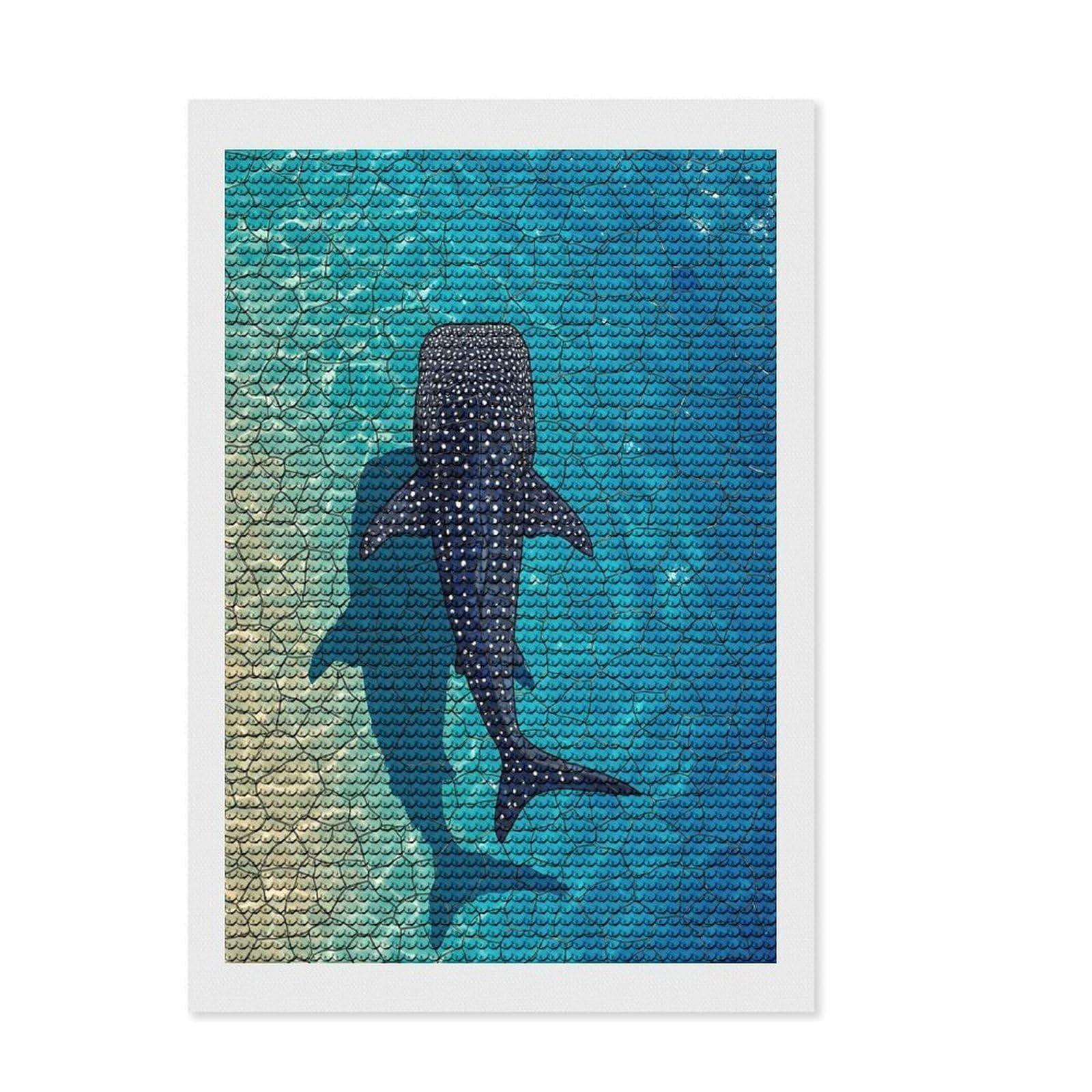 Junmoney Whale Shark Stained Glassed Diamond Art Canvas 8"x12", Sparkling Round Gems, Neat Printed Canvas, with Tool Kit, Office Decor, Printed Canvas