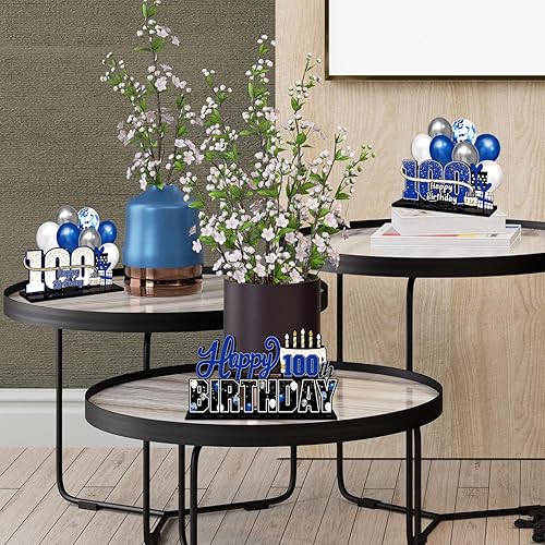Miniatura 6 de LINGTEER Juego de centros de mesa de acrílico azul con texto en inglés «Happy 100th Birthday» – Decoración de regalo de fiesta de cumpleaños número