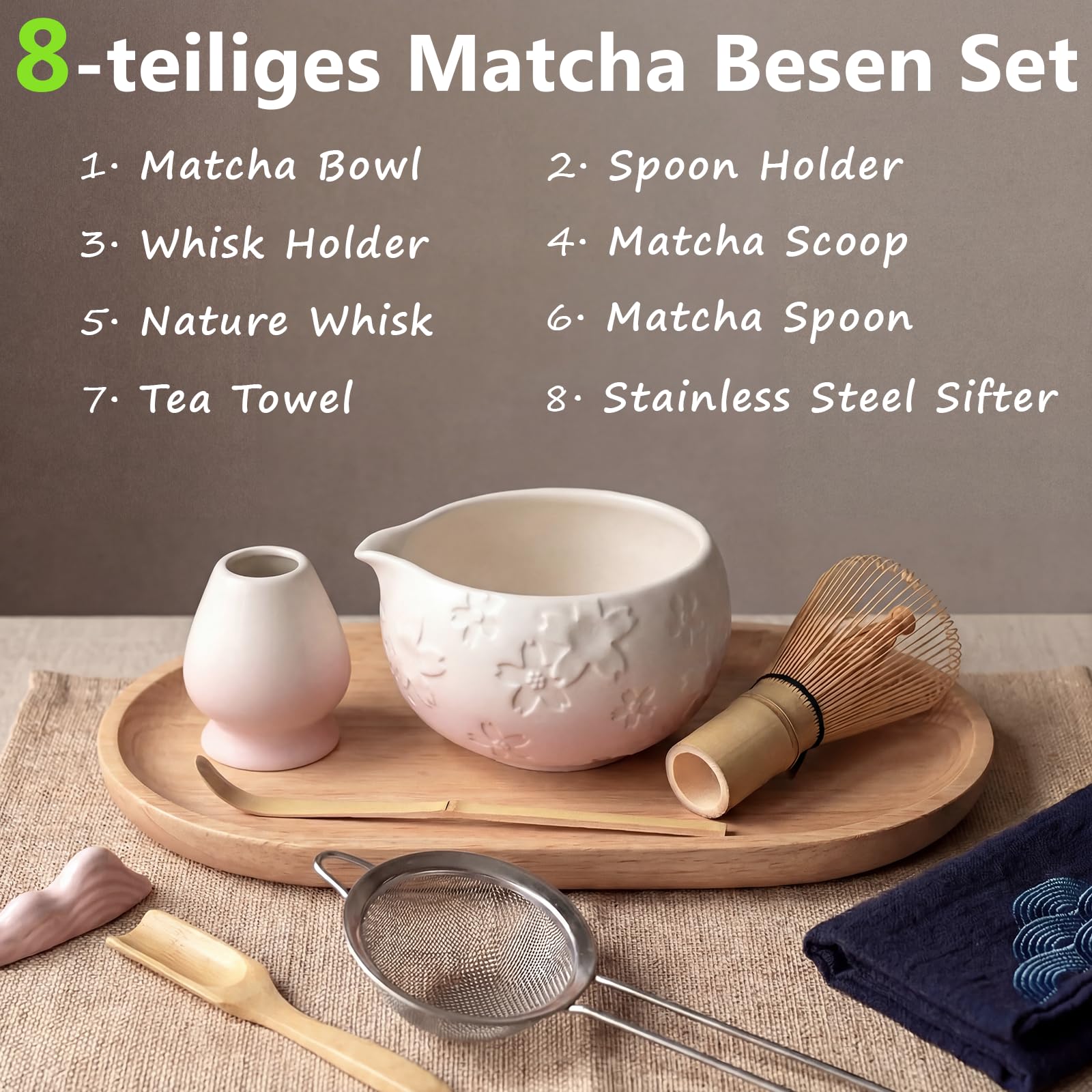 8 pezzi Matcha Kit, Matcha Set tradizionale in ceramica con Frusta Matcha, Ciotola, Cucchiaio, Filtro, Supporto, Kit Matcha completo, Elegante Set per Amanti del Matcha, Bianco Rosa