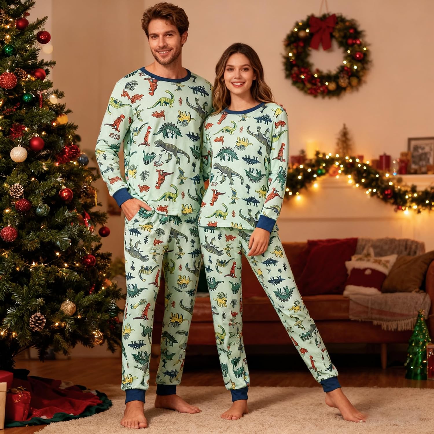 HYCLES Family Matching Pajama Sets, Long Sleeve Sleepwear Pjs for Couple Dinosaur Pjs