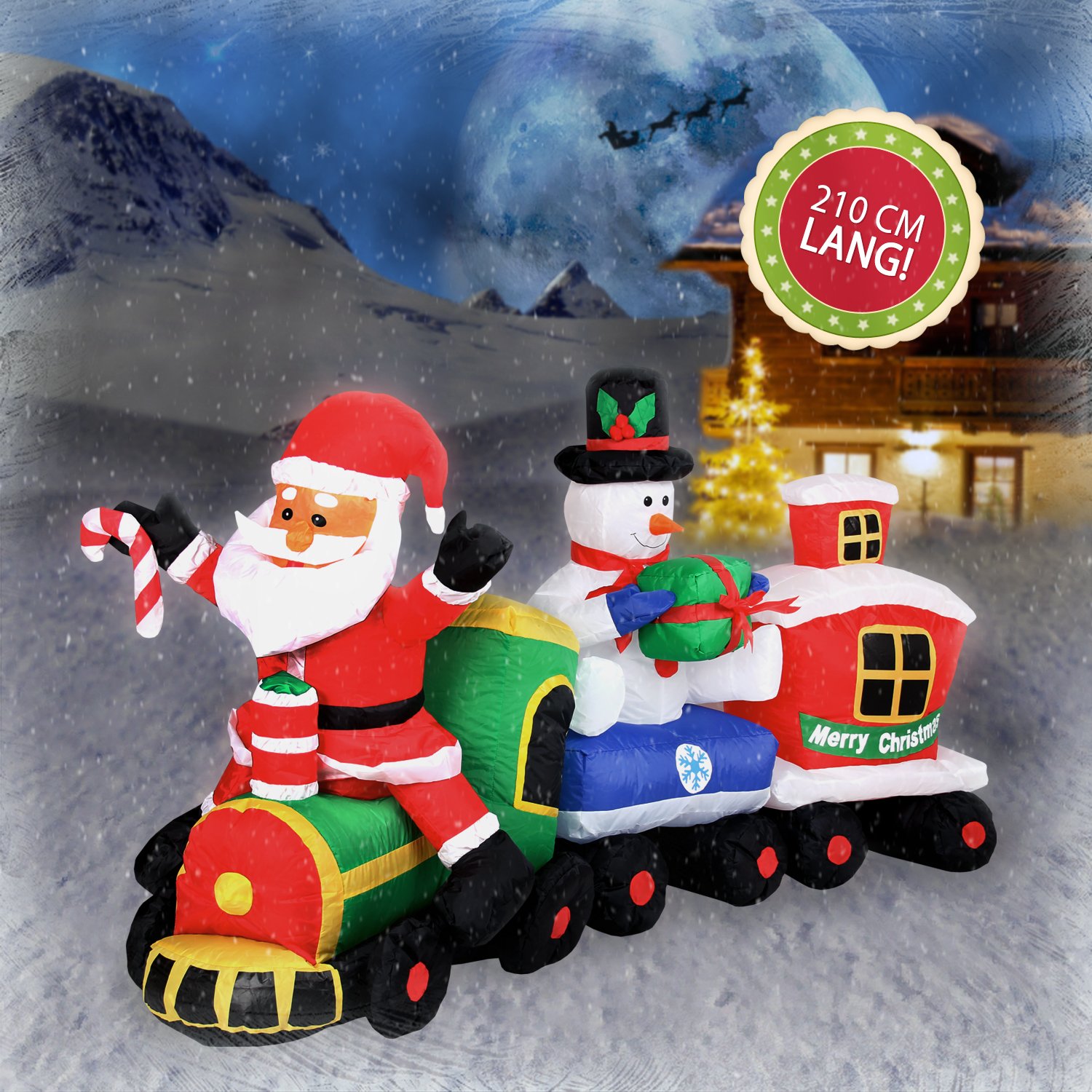 Pridea aufblasbare Weihnachtsdeko XXL Weihnachtszug Weihnachtsmann Schneemann Weihnachtshütte Geschenke Zuckerstangen Witterungsbeständig IP44 Deko Garten Outdoor Weihnachten mit Gebläse