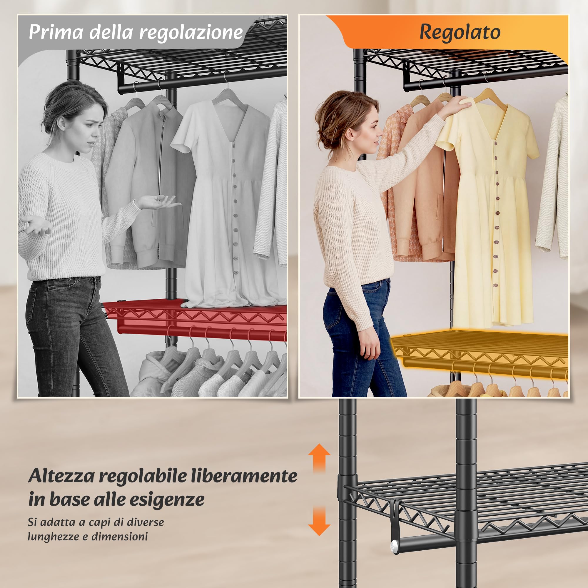 Stand Appendiabiti in Metallo, 550 KG di Capacità, Cabina Armadio con 8 Ripiani Regolabili in Altezza, 5 Aste Appendiabiti e 1 Cassetto, 189x45x194,5 cm, per Camera da Letto e Guardaroba, Nero